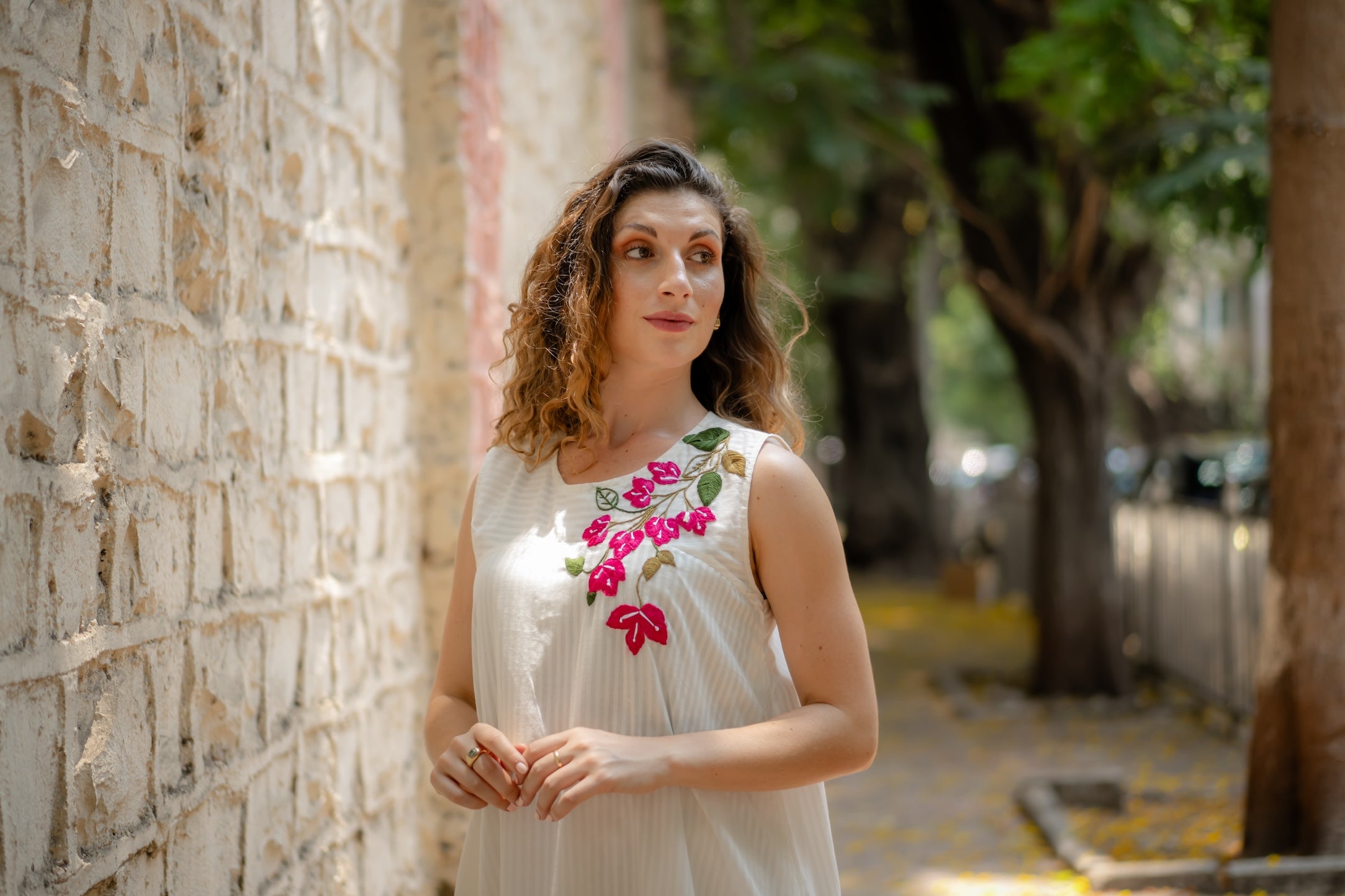 White A-line Dress with Floral Hand-Embroidery by Krushnachuda with Chilika by Krushnachuda, Embroidered, Handloom Cotton, Loose Fit, Natural Dye, Organic, Outerwear, White, Womenswear at Kamakhyaa for sustainable fashion