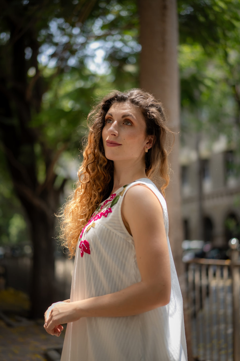 White A-line Dress with Floral Hand-Embroidery by Krushnachuda with Chilika by Krushnachuda, Embroidered, Handloom Cotton, Loose Fit, Natural Dye, Organic, Outerwear, White, Womenswear at Kamakhyaa for sustainable fashion
