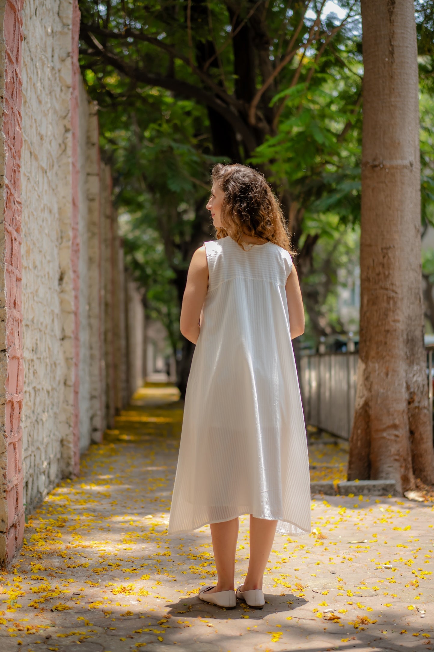 White A-line Dress with Floral Hand-Embroidery by Krushnachuda with Chilika by Krushnachuda, Embroidered, Handloom Cotton, Loose Fit, Natural Dye, Organic, Outerwear, White, Womenswear at Kamakhyaa for sustainable fashion