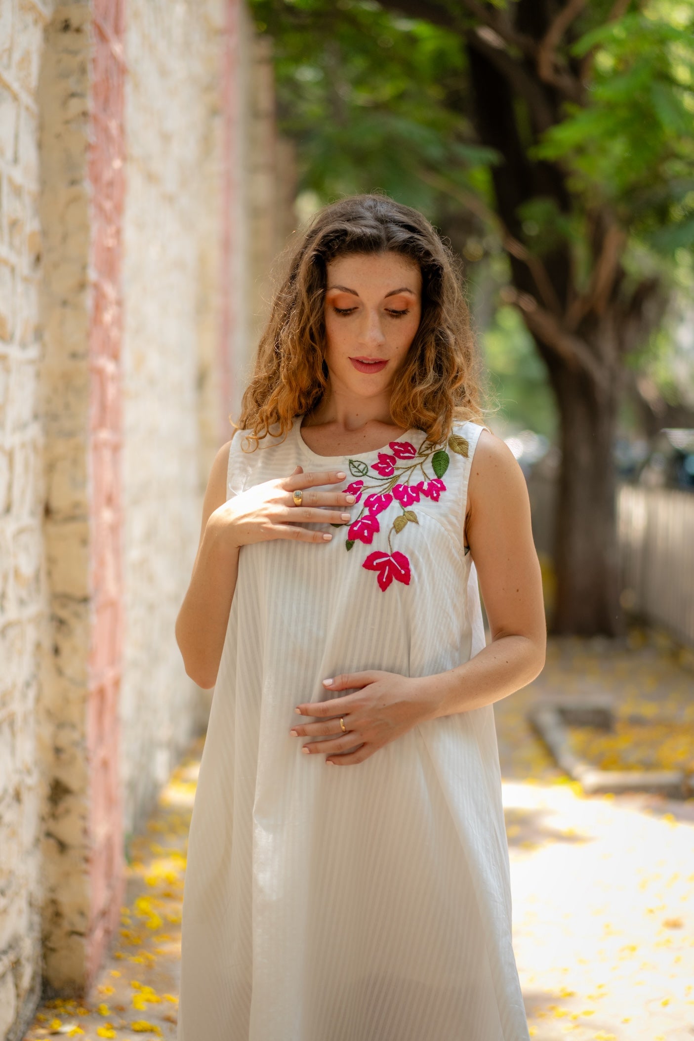 White A-line Dress with Floral Hand-Embroidery by Krushnachuda with Chilika by Krushnachuda, Embroidered, Handloom Cotton, Loose Fit, Natural Dye, Organic, Outerwear, White, Womenswear at Kamakhyaa for sustainable fashion
