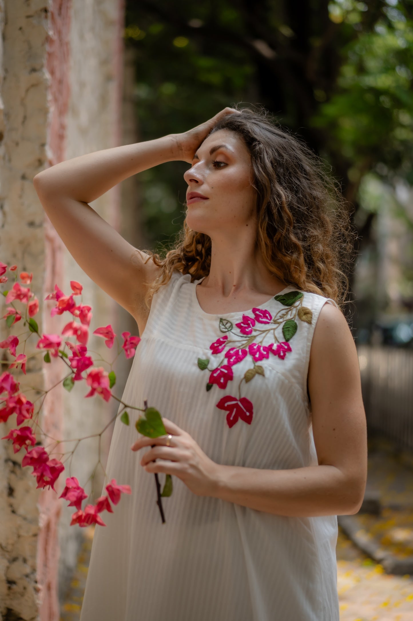 White A-line Dress with Floral Hand-Embroidery by Krushnachuda with Chilika by Krushnachuda, Embroidered, Handloom Cotton, Loose Fit, Natural Dye, Organic, Outerwear, White, Womenswear at Kamakhyaa for sustainable fashion
