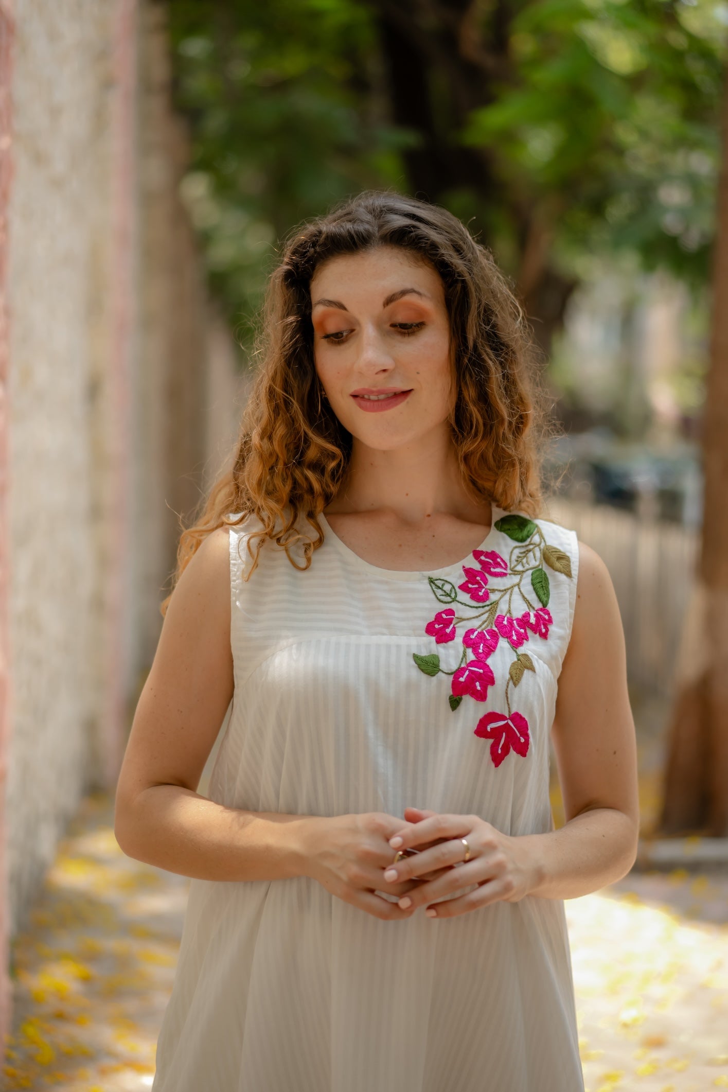 White A-line Dress with Floral Hand-Embroidery by Krushnachuda with Chilika by Krushnachuda, Embroidered, Handloom Cotton, Loose Fit, Natural Dye, Organic, Outerwear, White, Womenswear at Kamakhyaa for sustainable fashion