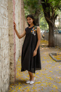 Black A-line Dress with Floral Hand-Embroidery by Krushnachuda with Black, Chilika by Krushnachuda, Embroidered, Handloom Cotton, Loose Fit, Natural Dye, Organic, Outerwear, Womenswear at Kamakhyaa for sustainable fashion