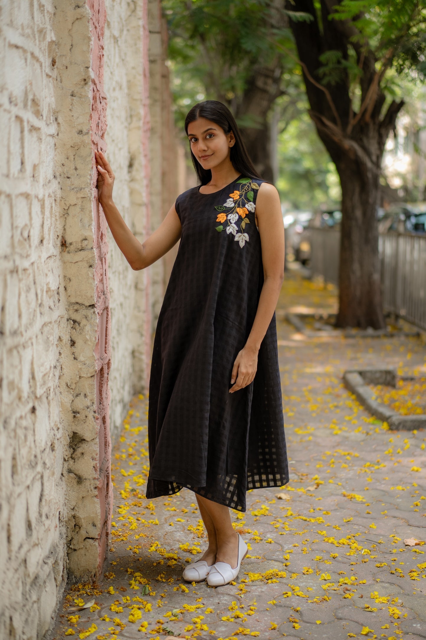 Black A-line Dress with Floral Hand-Embroidery by Krushnachuda with Black, Chilika by Krushnachuda, Embroidered, Handloom Cotton, Loose Fit, Natural Dye, Organic, Outerwear, Womenswear at Kamakhyaa for sustainable fashion