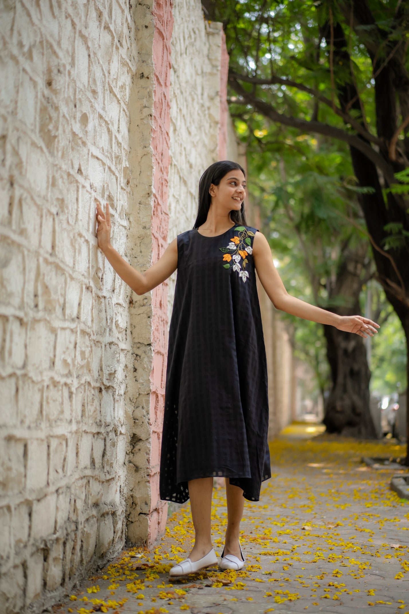 Black A-line Dress with Floral Hand-Embroidery by Krushnachuda with Black, Chilika by Krushnachuda, Embroidered, Handloom Cotton, Loose Fit, Natural Dye, Organic, Outerwear, Womenswear at Kamakhyaa for sustainable fashion