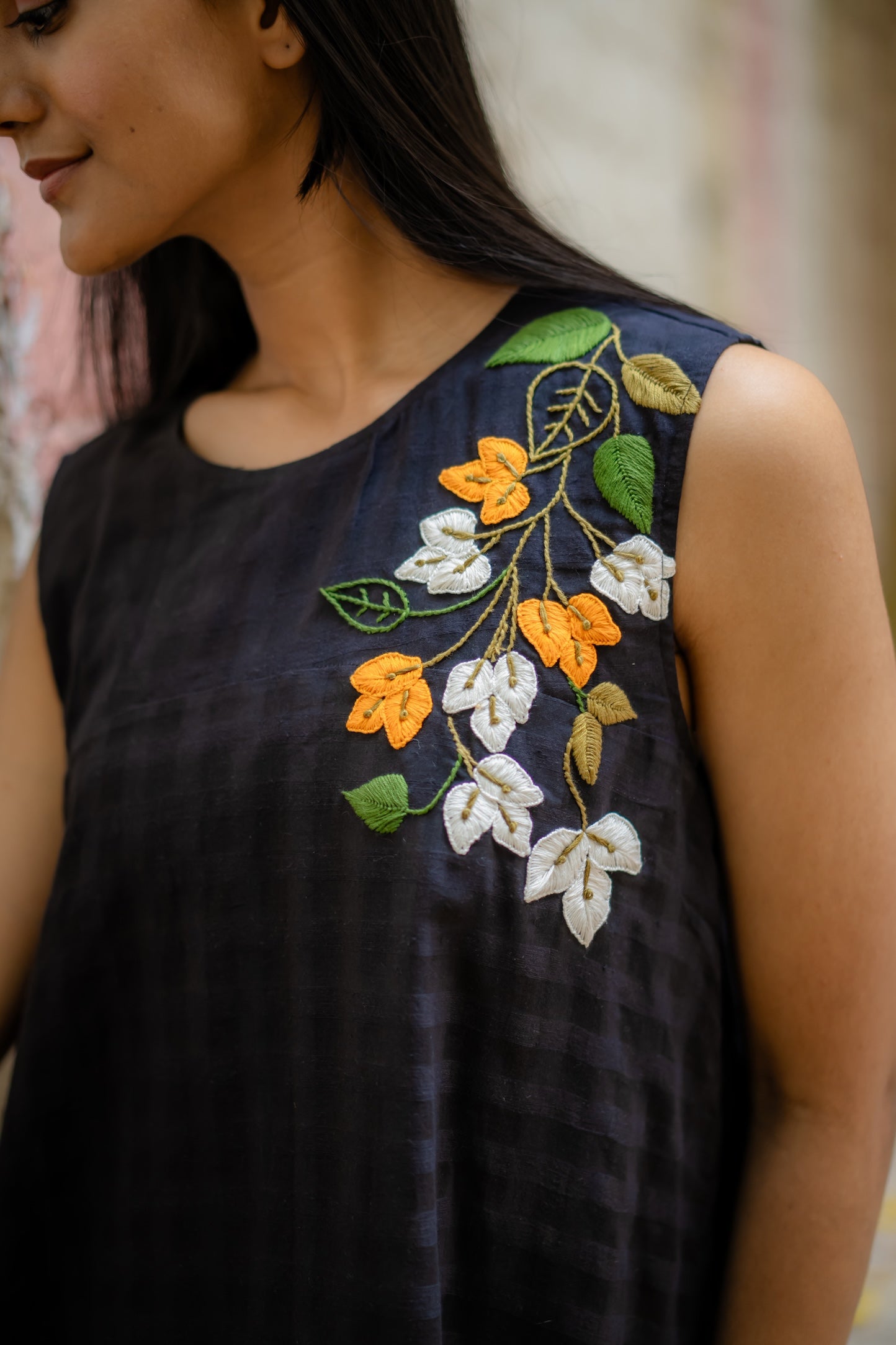 Black A-line Dress with Floral Hand-Embroidery by Krushnachuda with Black, Chilika by Krushnachuda, Embroidered, Handloom Cotton, Loose Fit, Natural Dye, Organic, Outerwear, Womenswear at Kamakhyaa for sustainable fashion