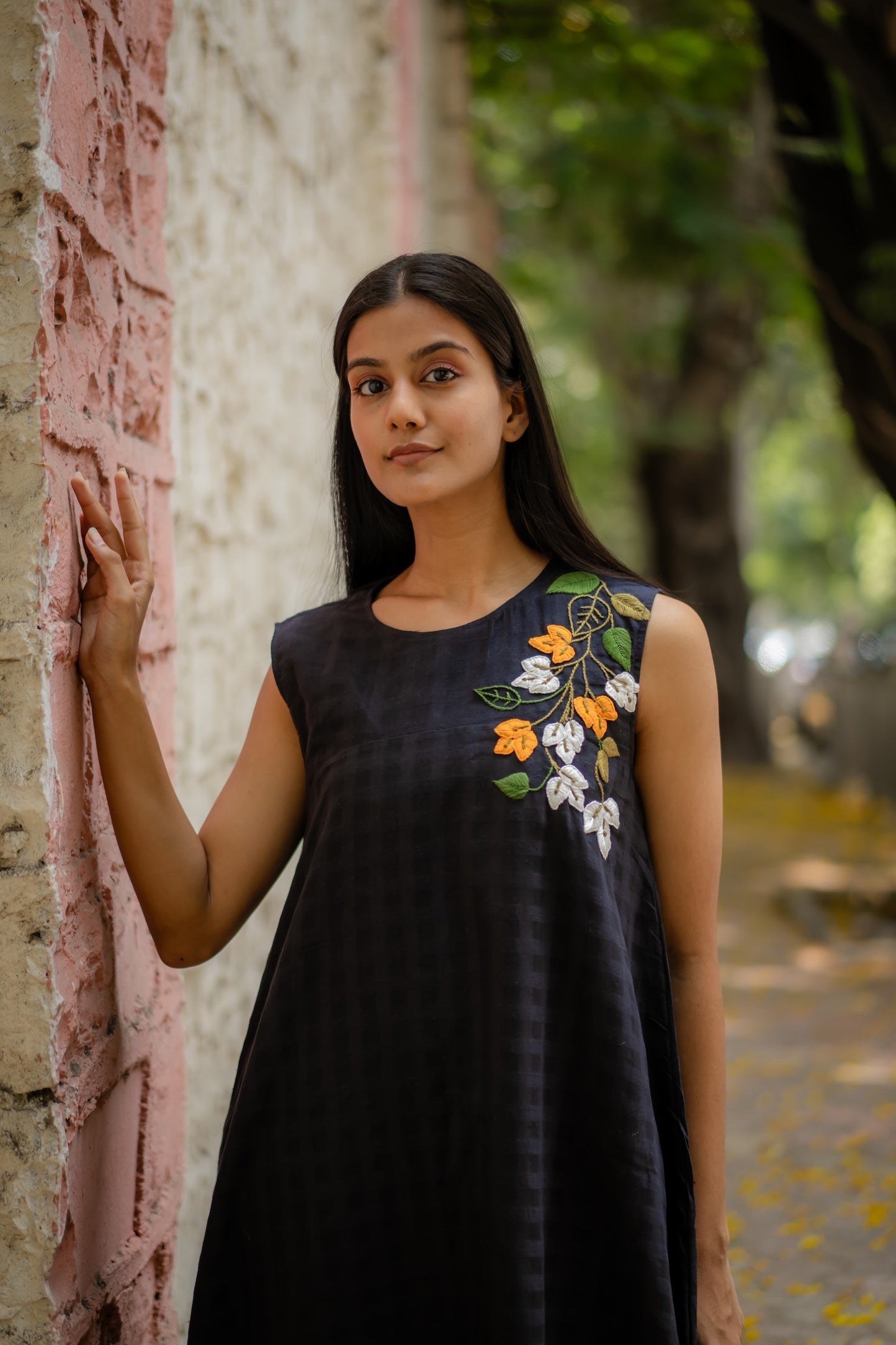 Black A-line Dress with Floral Hand-Embroidery by Krushnachuda with Black, Chilika by Krushnachuda, Embroidered, Handloom Cotton, Loose Fit, Natural Dye, Organic, Outerwear, Womenswear at Kamakhyaa for sustainable fashion