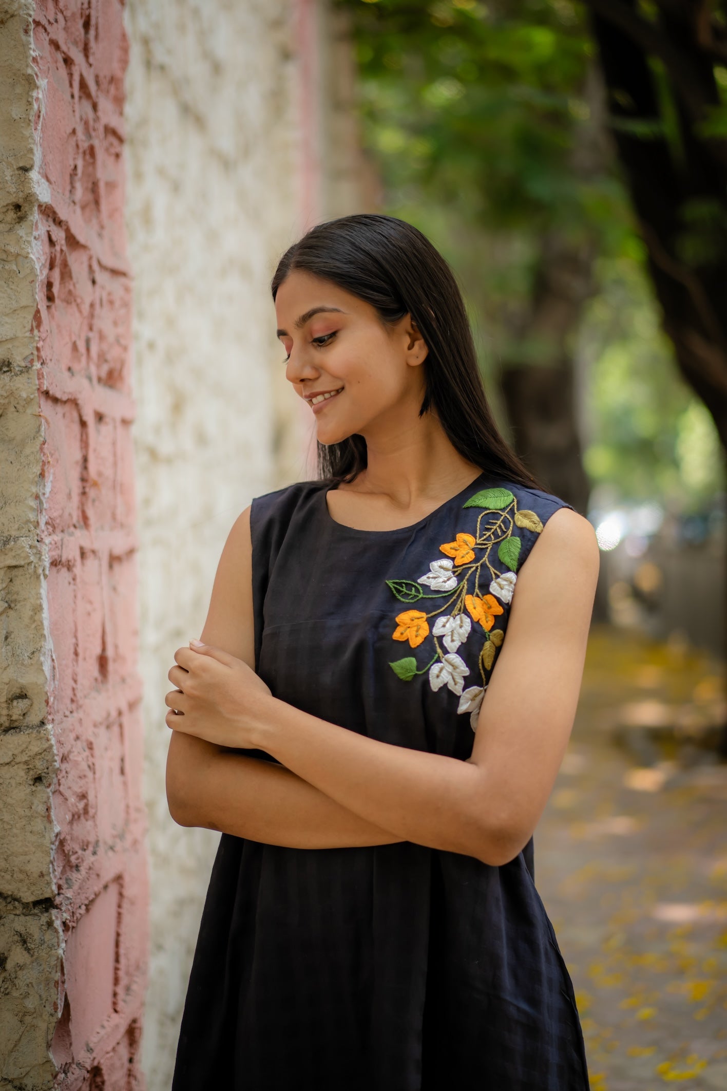 Black A-line Dress with Floral Hand-Embroidery by Krushnachuda with Black, Chilika by Krushnachuda, Embroidered, Handloom Cotton, Loose Fit, Natural Dye, Organic, Outerwear, Womenswear at Kamakhyaa for sustainable fashion