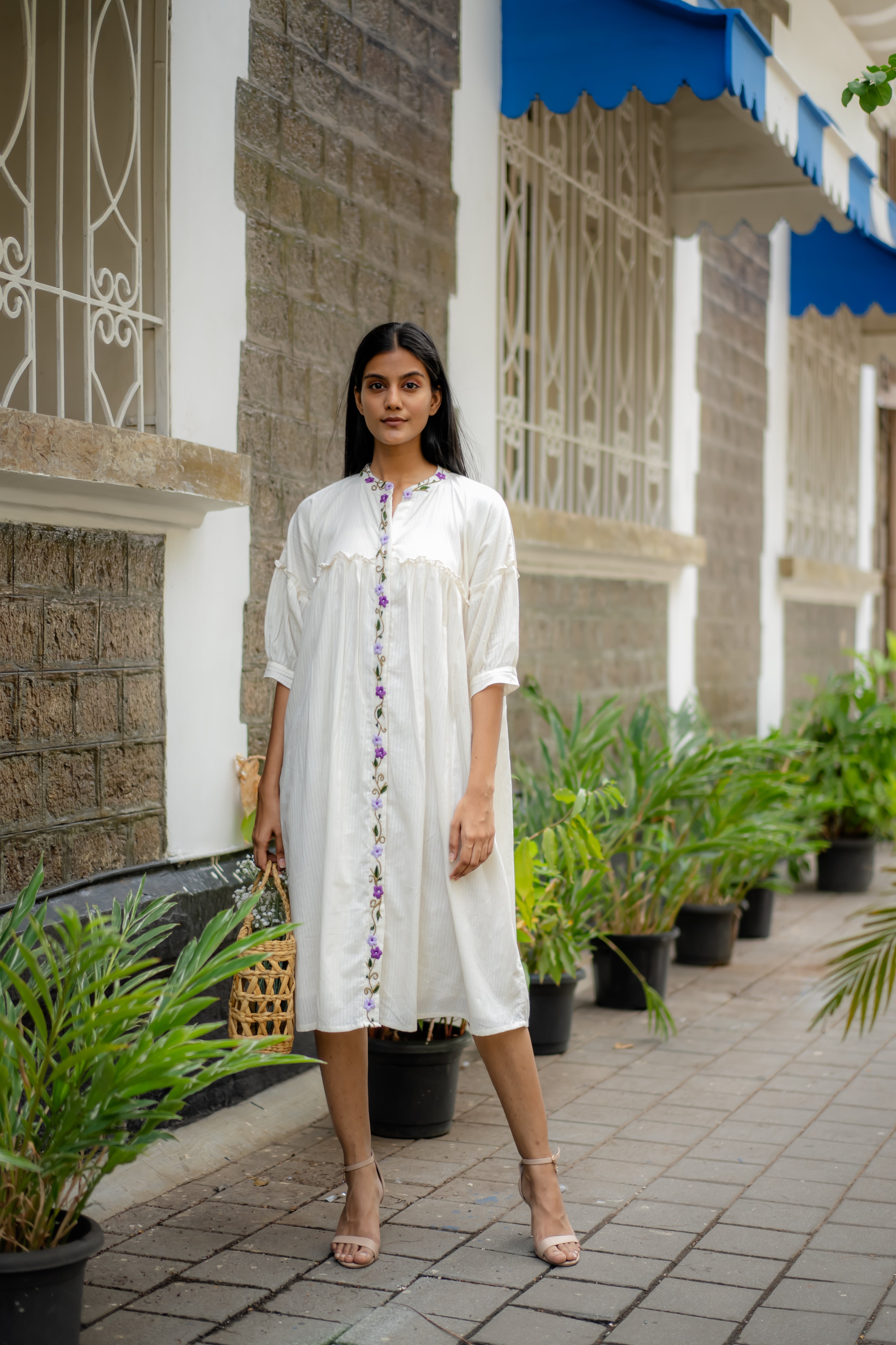 White Embroidered Flare Dress by Krushnachuda with Chilika by Krushnachuda, Embroidered, Handloom Cotton, Loose Fit, Natural Dye, Organic, Outerwear, White, Womenswear at Kamakhyaa for sustainable fashion