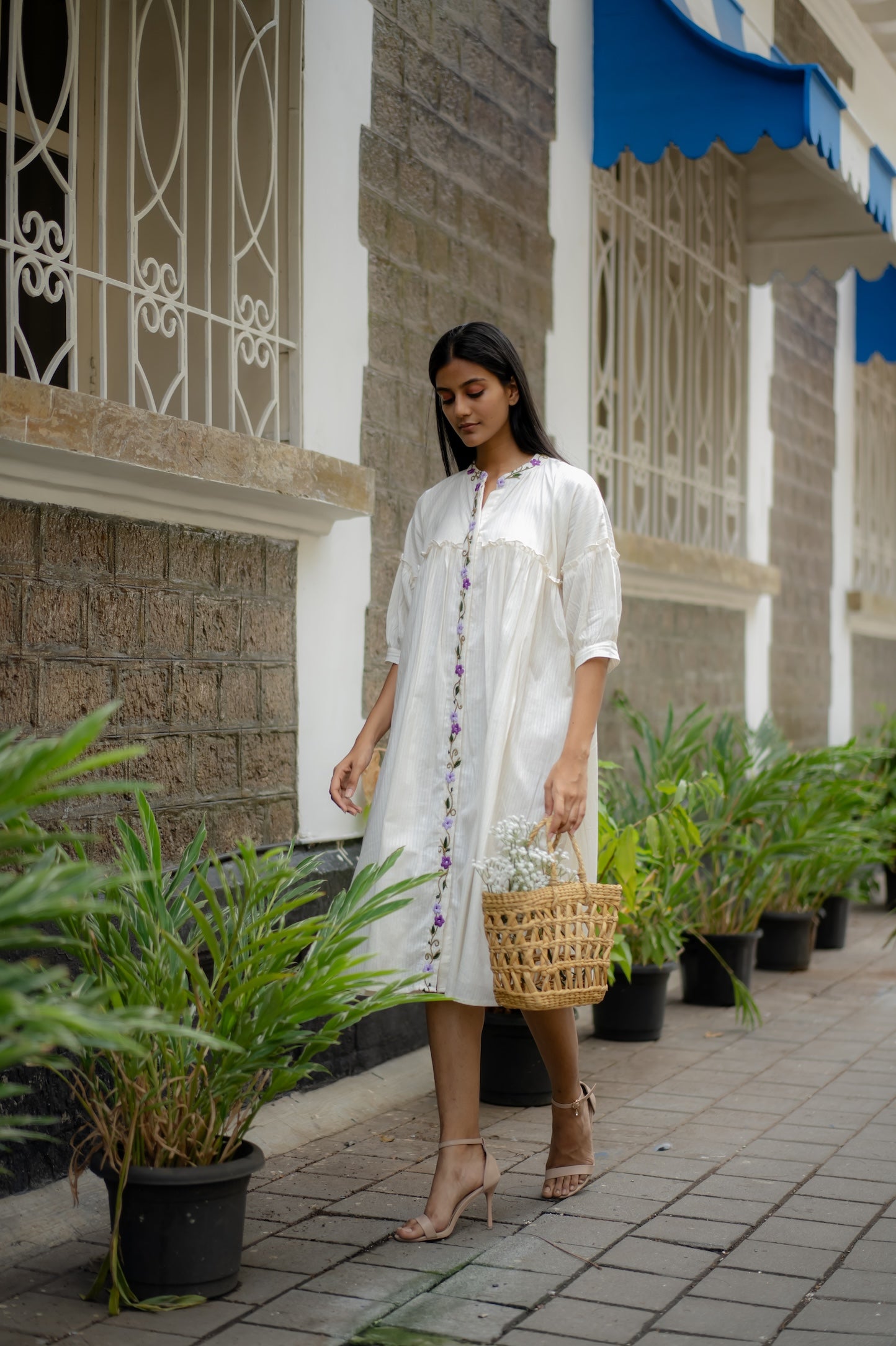 White Embroidered Flare Dress by Krushnachuda with Chilika by Krushnachuda, Embroidered, Handloom Cotton, Loose Fit, Natural Dye, Organic, Outerwear, White, Womenswear at Kamakhyaa for sustainable fashion