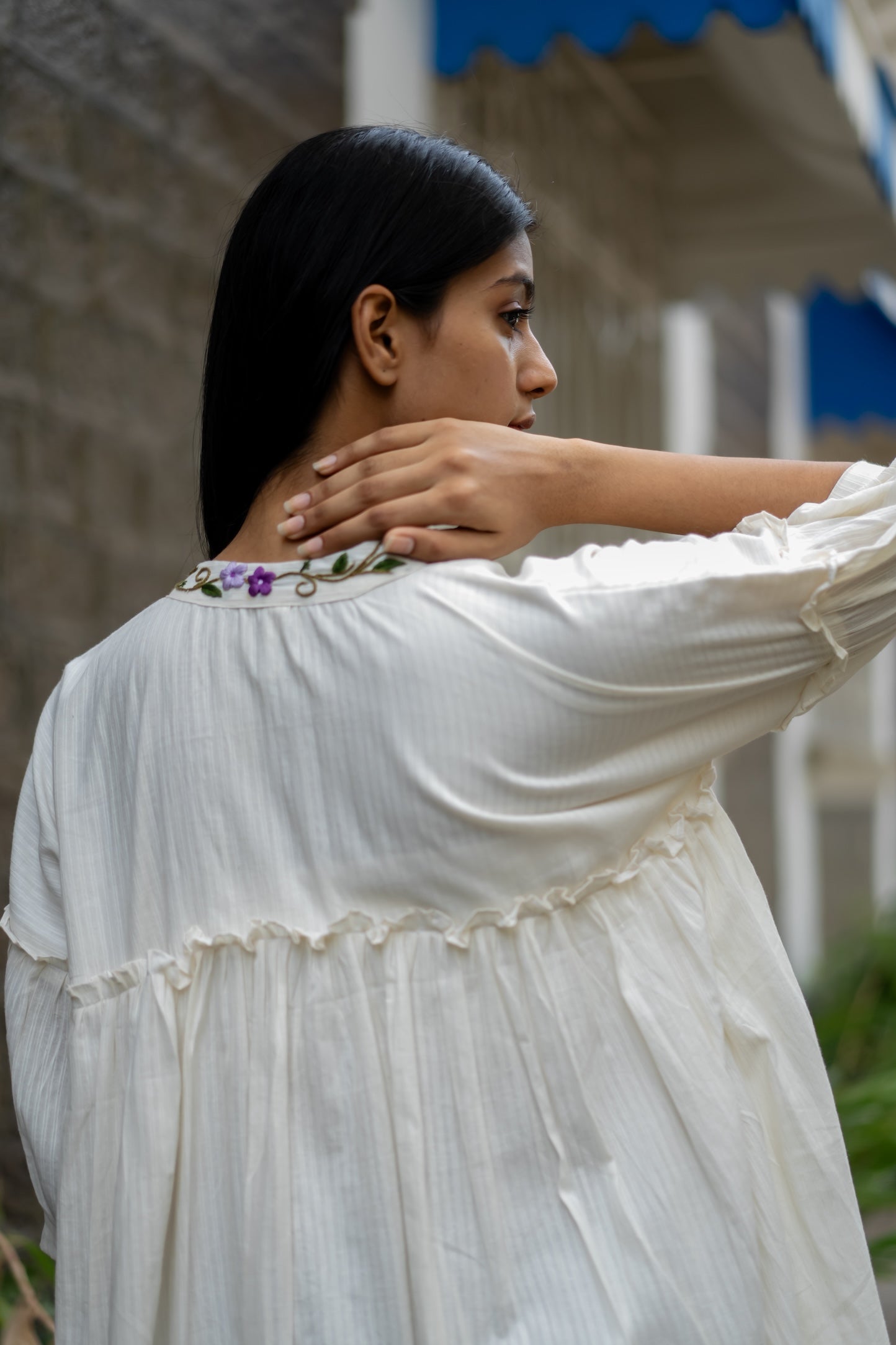 White Embroidered Flare Dress by Krushnachuda with Chilika by Krushnachuda, Embroidered, Handloom Cotton, Loose Fit, Natural Dye, Organic, Outerwear, White, Womenswear at Kamakhyaa for sustainable fashion