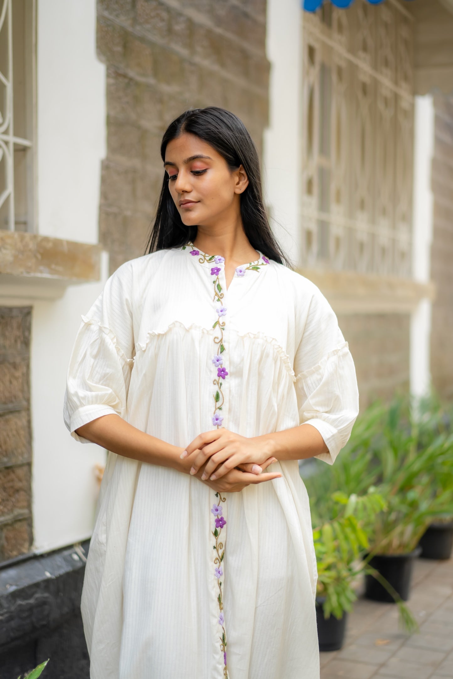 White Embroidered Flare Dress by Krushnachuda with Chilika by Krushnachuda, Embroidered, Handloom Cotton, Loose Fit, Natural Dye, Organic, Outerwear, White, Womenswear at Kamakhyaa for sustainable fashion