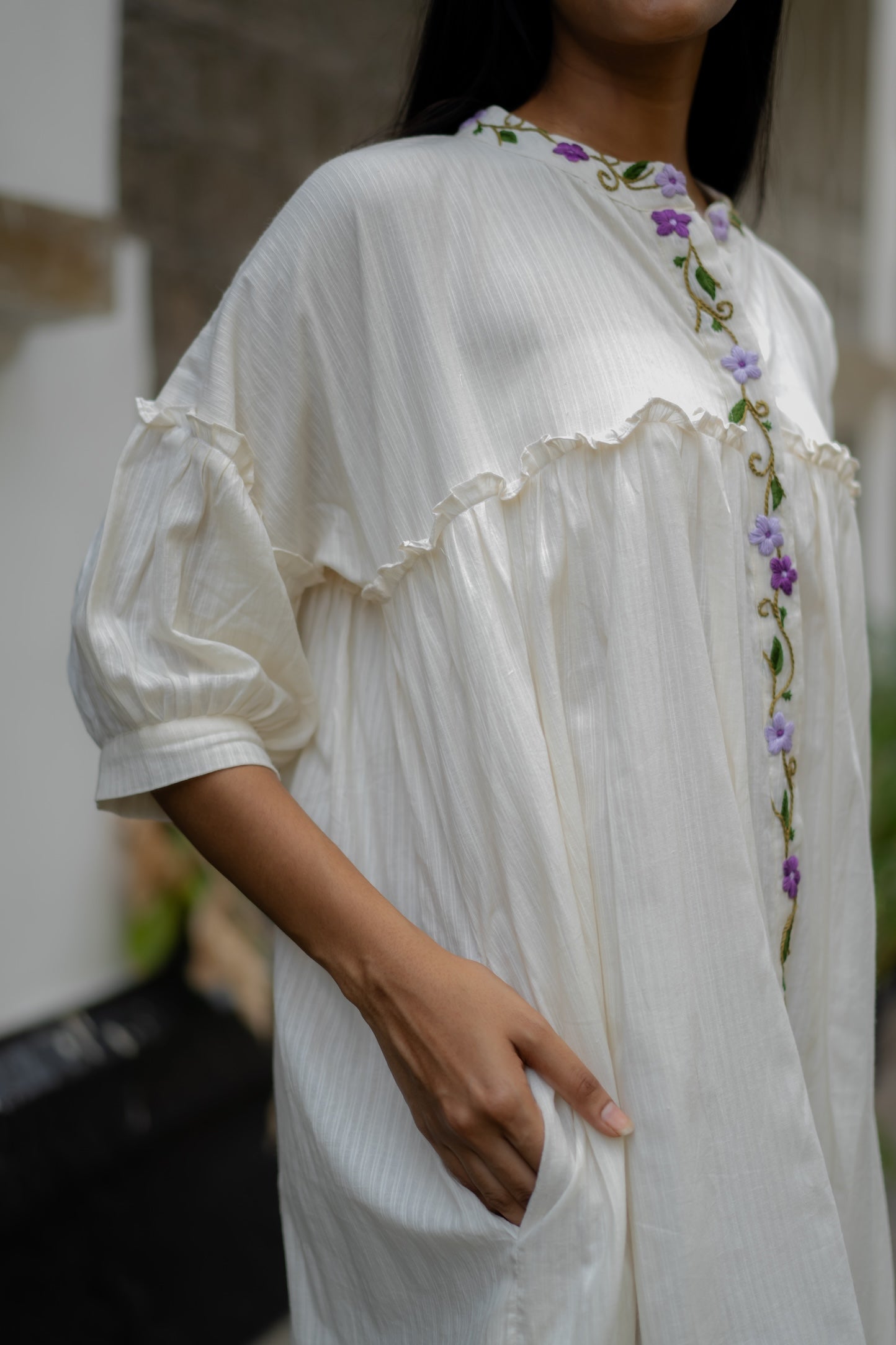 White Embroidered Flare Dress by Krushnachuda with Chilika by Krushnachuda, Embroidered, Handloom Cotton, Loose Fit, Natural Dye, Organic, Outerwear, White, Womenswear at Kamakhyaa for sustainable fashion