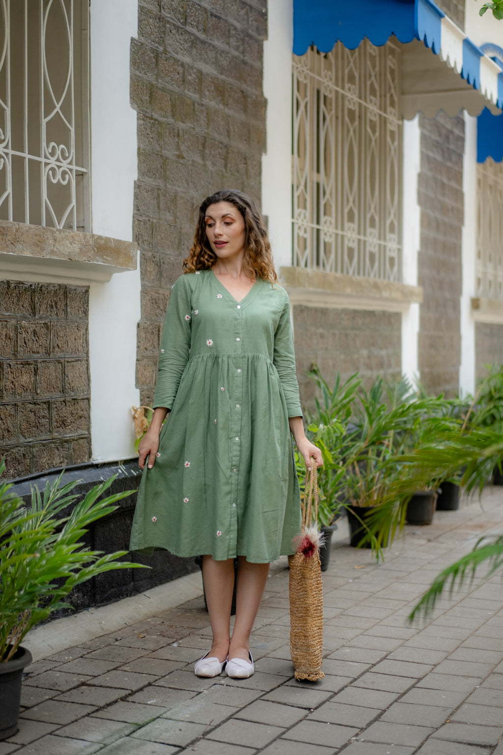 Jade Green Hand-Embroidered Fit & Flare Dress by Krushnachuda with Chilika by Krushnachuda, Embroidered, Green, Handloom Cotton, Loose Fit, Natural Dye, Organic, Outerwear, Womenswear at Kamakhyaa for sustainable fashion