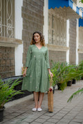 Jade Green Hand-Embroidered Fit & Flare Dress by Krushnachuda with Chilika by Krushnachuda, Embroidered, Green, Handloom Cotton, Loose Fit, Natural Dye, Organic, Outerwear, Womenswear at Kamakhyaa for sustainable fashion