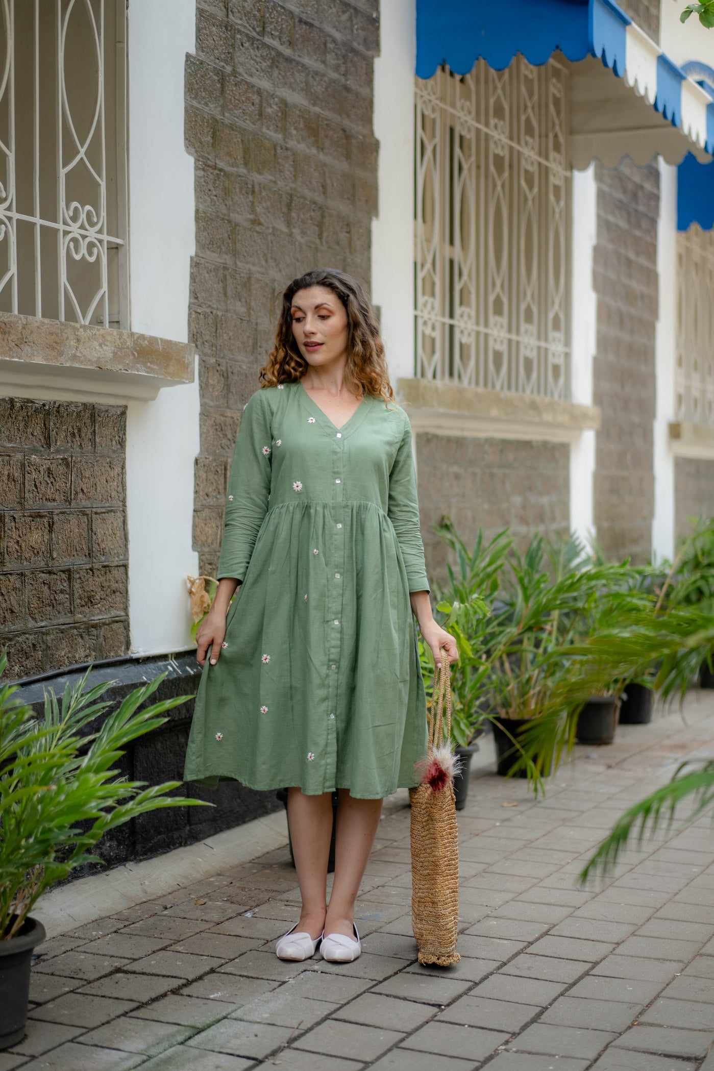 Jade Green Hand-Embroidered Fit & Flare Dress by Krushnachuda with Chilika by Krushnachuda, Embroidered, Green, Handloom Cotton, Loose Fit, Natural Dye, Organic, Outerwear, Womenswear at Kamakhyaa for sustainable fashion