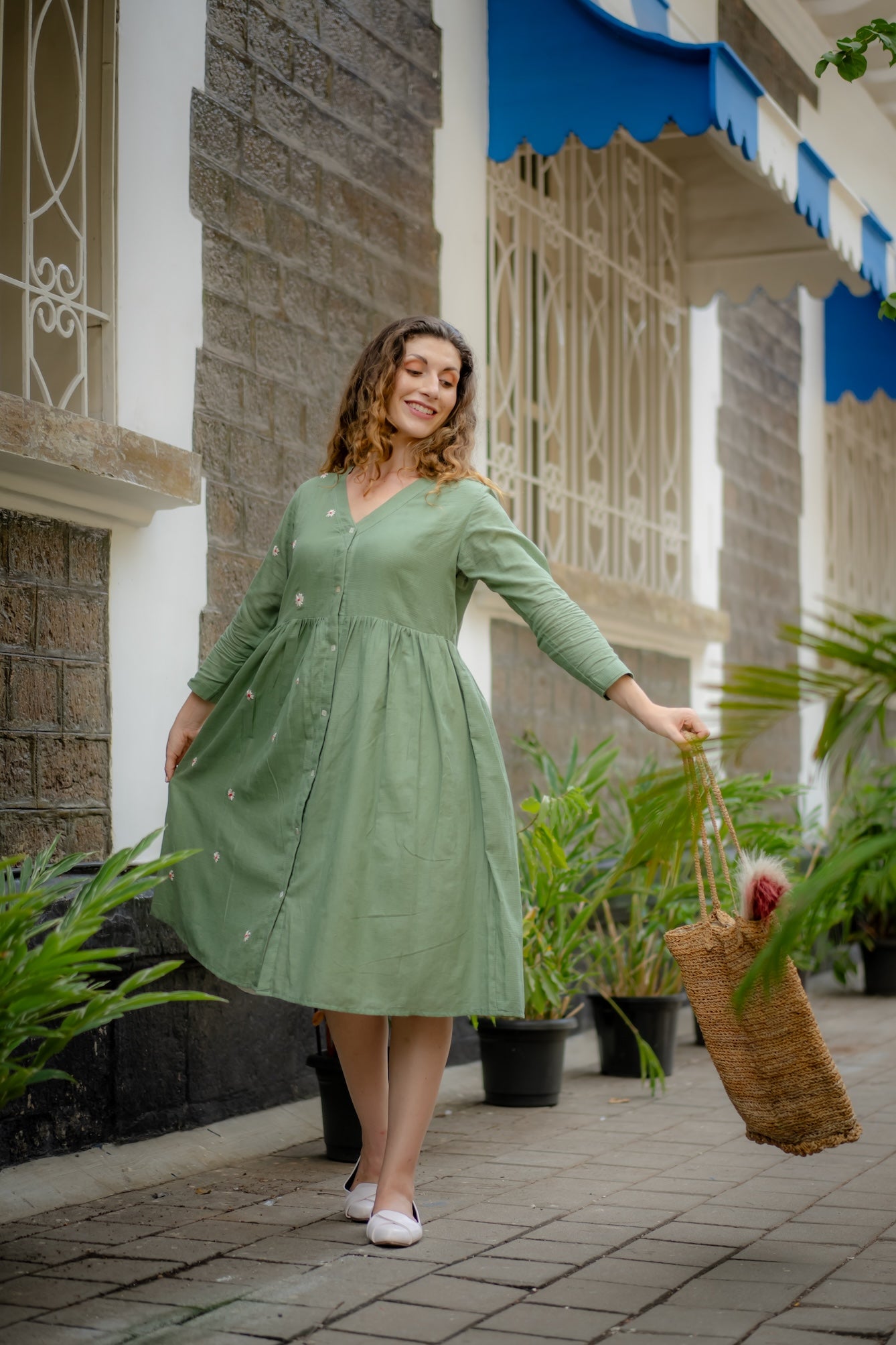 Jade Green Hand-Embroidered Fit & Flare Dress by Krushnachuda with Chilika by Krushnachuda, Embroidered, Green, Handloom Cotton, Loose Fit, Natural Dye, Organic, Outerwear, Womenswear at Kamakhyaa for sustainable fashion