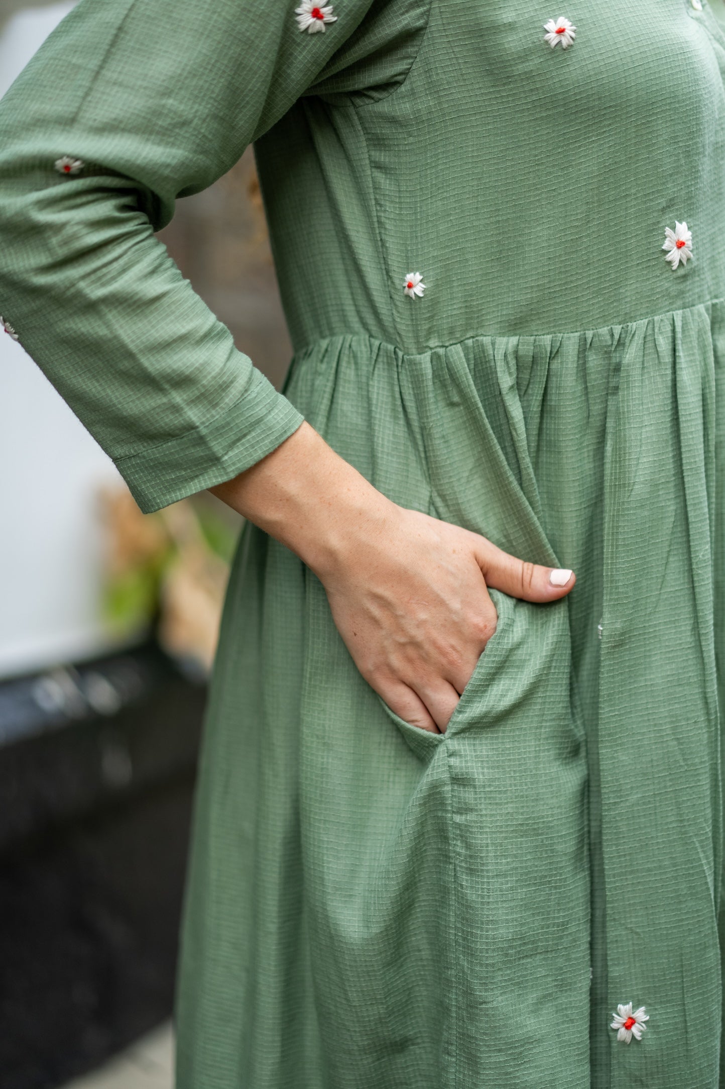 Jade Green Hand-Embroidered Fit & Flare Dress by Krushnachuda with Chilika by Krushnachuda, Embroidered, Green, Handloom Cotton, Loose Fit, Natural Dye, Organic, Outerwear, Womenswear at Kamakhyaa for sustainable fashion