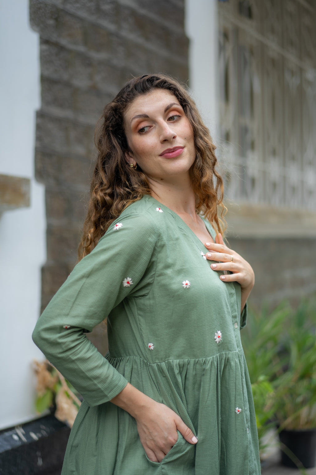 Jade Green Hand-Embroidered Fit & Flare Dress by Krushnachuda with Chilika by Krushnachuda, Embroidered, Green, Handloom Cotton, Loose Fit, Natural Dye, Organic, Outerwear, Womenswear at Kamakhyaa for sustainable fashion