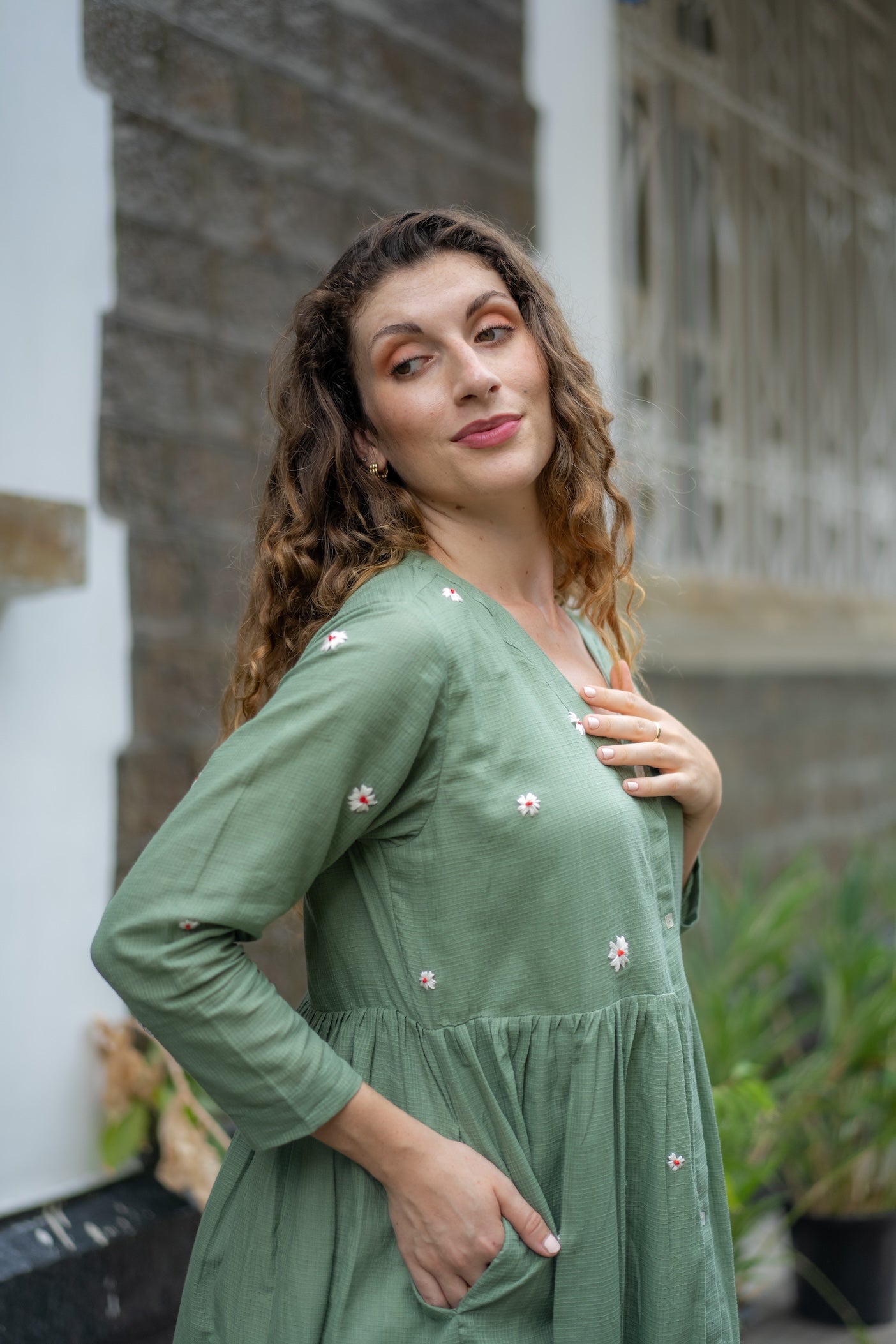 Jade Green Hand-Embroidered Fit & Flare Dress by Krushnachuda with Chilika by Krushnachuda, Embroidered, Green, Handloom Cotton, Loose Fit, Natural Dye, Organic, Outerwear, Womenswear at Kamakhyaa for sustainable fashion