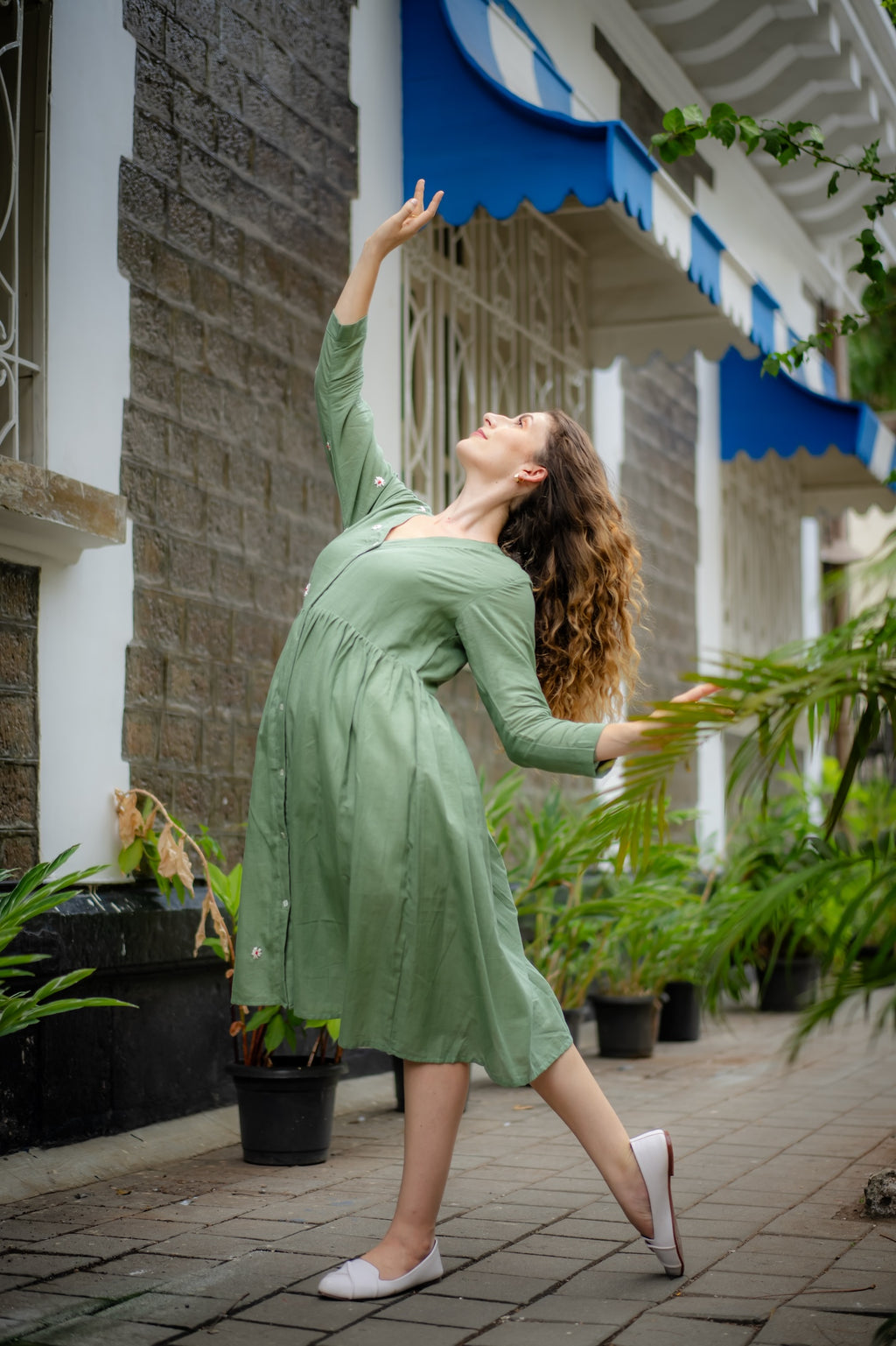 Jade Green Hand-Embroidered Fit & Flare Dress by Krushnachuda with Chilika by Krushnachuda, Embroidered, Green, Handloom Cotton, Loose Fit, Natural Dye, Organic, Outerwear, Womenswear at Kamakhyaa for sustainable fashion