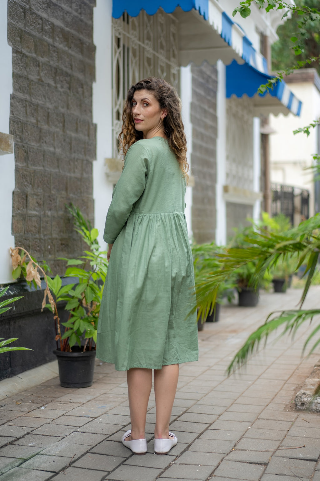 Jade Green Hand-Embroidered Fit & Flare Dress by Krushnachuda with Chilika by Krushnachuda, Embroidered, Green, Handloom Cotton, Loose Fit, Natural Dye, Organic, Outerwear, Womenswear at Kamakhyaa for sustainable fashion