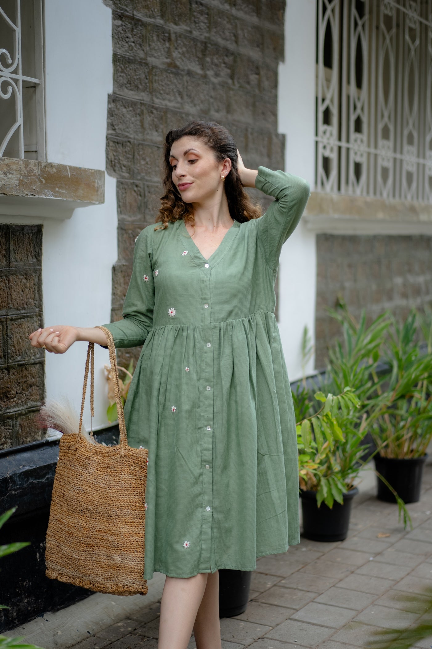 Jade Green Hand-Embroidered Fit & Flare Dress by Krushnachuda with Chilika by Krushnachuda, Embroidered, Green, Handloom Cotton, Loose Fit, Natural Dye, Organic, Outerwear, Womenswear at Kamakhyaa for sustainable fashion