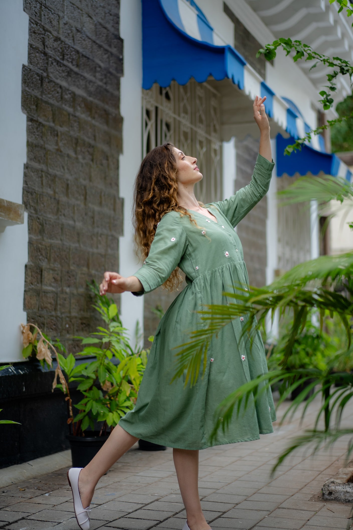 Jade Green Hand-Embroidered Fit & Flare Dress by Krushnachuda with Chilika by Krushnachuda, Embroidered, Green, Handloom Cotton, Loose Fit, Natural Dye, Organic, Outerwear, Womenswear at Kamakhyaa for sustainable fashion