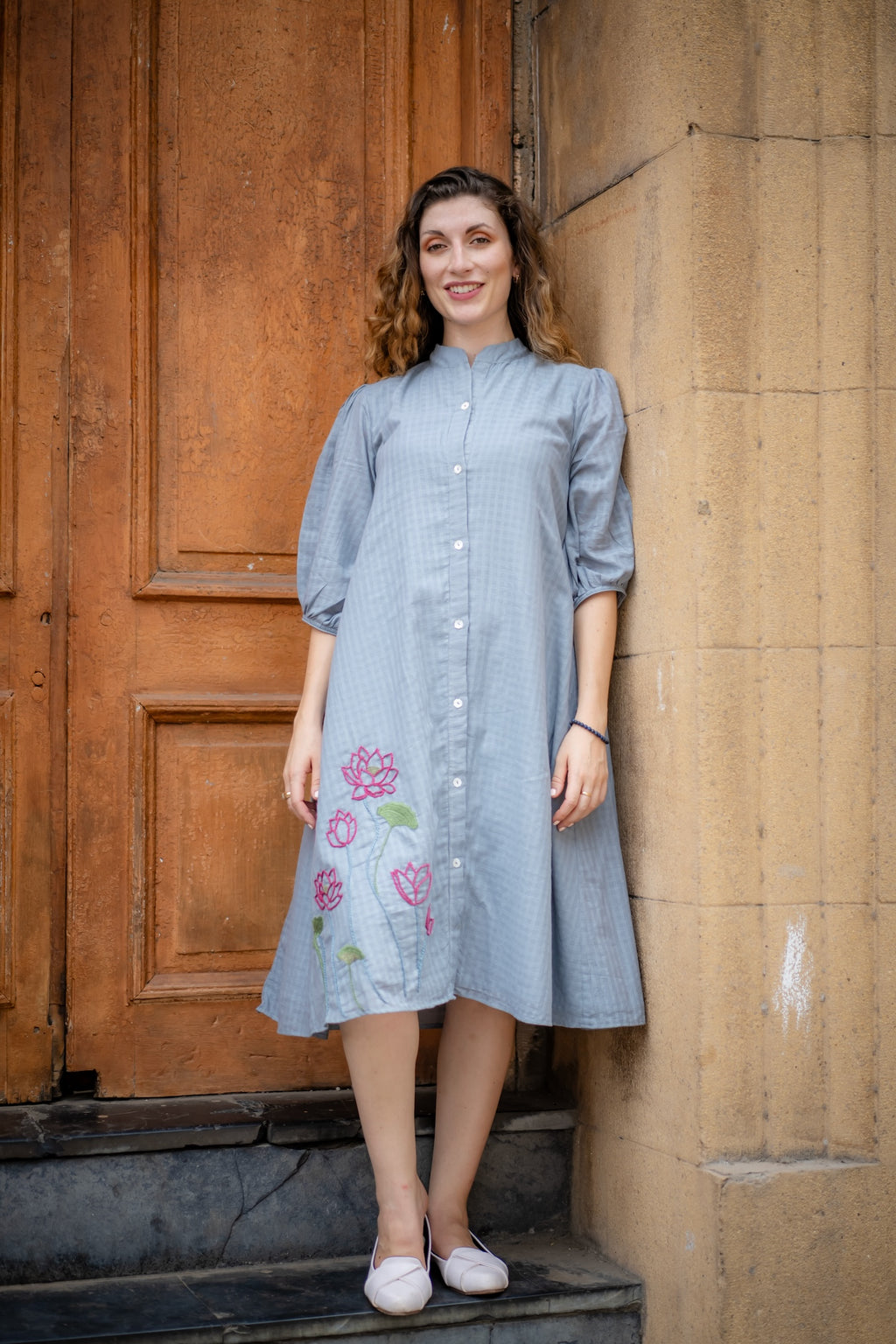 Grey Hand Embroidered A-line Dress by Krushnachuda with Chilika by Krushnachuda, Embroidered, Grey, Handloom Cotton, Loose Fit, Natural Dye, Organic, Outerwear, Womenswear at Kamakhyaa for sustainable fashion