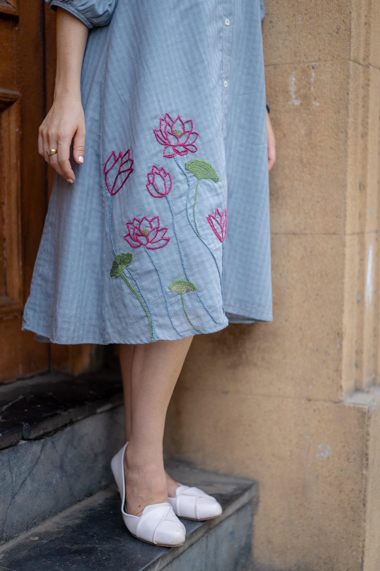 Grey Hand Embroidered A-line Dress by Krushnachuda with Chilika by Krushnachuda, Embroidered, Grey, Handloom Cotton, Loose Fit, Natural Dye, Organic, Outerwear, Womenswear at Kamakhyaa for sustainable fashion