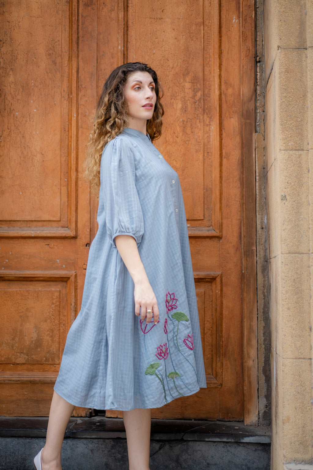 Grey Hand Embroidered A-line Dress by Krushnachuda with Chilika by Krushnachuda, Embroidered, Grey, Handloom Cotton, Loose Fit, Natural Dye, Organic, Outerwear, Womenswear at Kamakhyaa for sustainable fashion