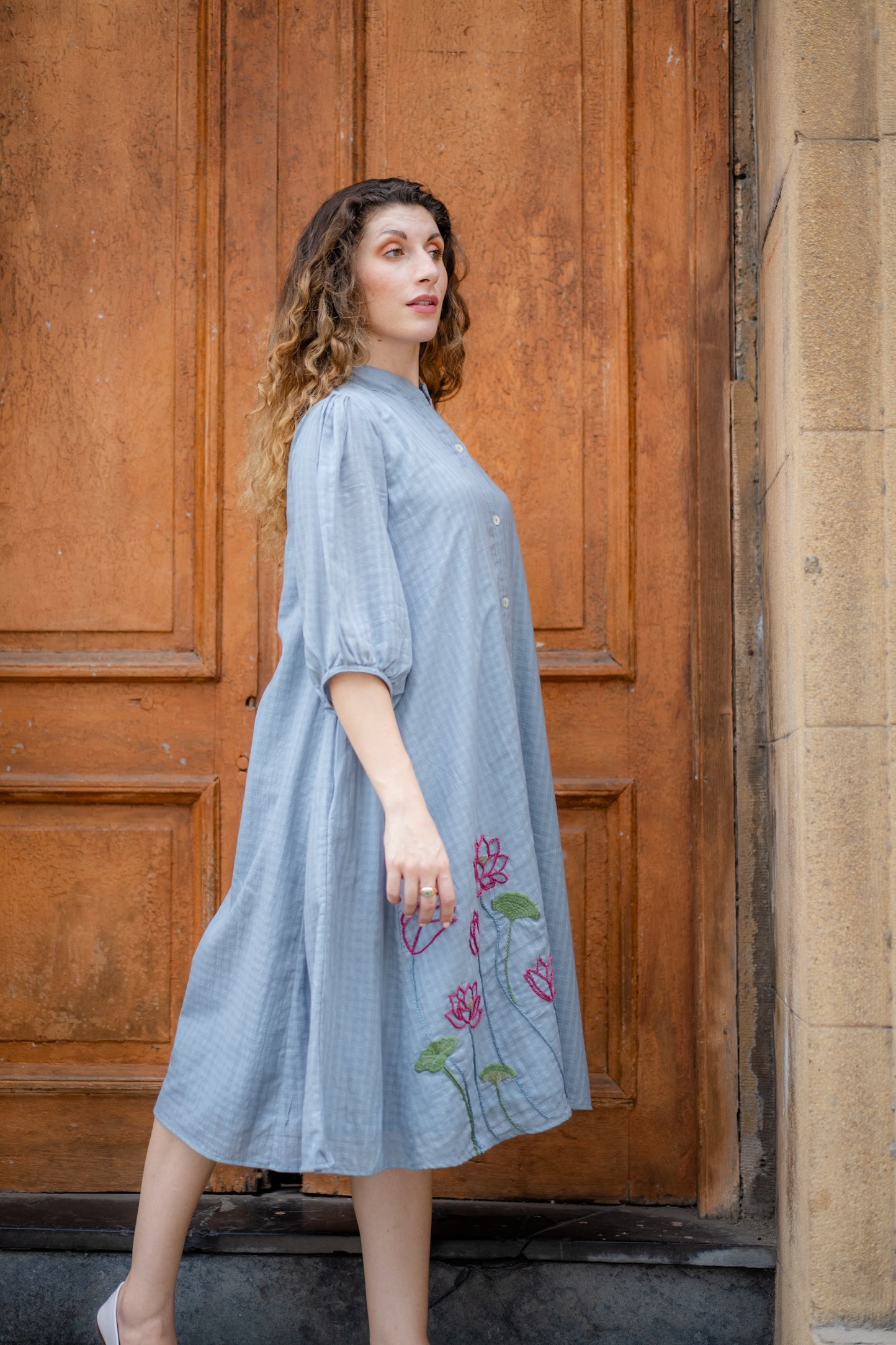 Grey Hand Embroidered A-line Dress by Krushnachuda with Chilika by Krushnachuda, Embroidered, Grey, Handloom Cotton, Loose Fit, Natural Dye, Organic, Outerwear, Womenswear at Kamakhyaa for sustainable fashion