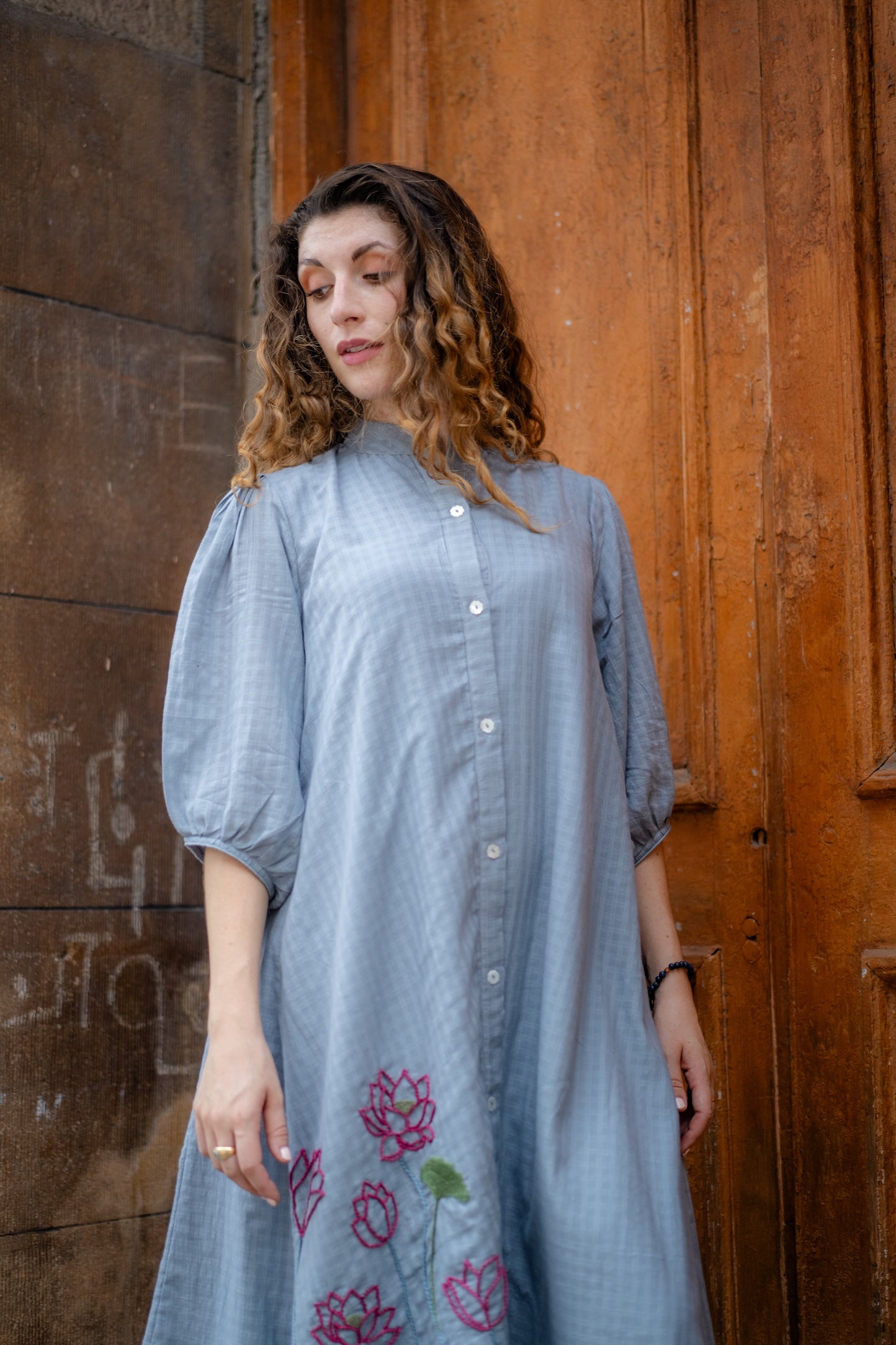 Grey Hand Embroidered A-line Dress by Krushnachuda with Chilika by Krushnachuda, Embroidered, Grey, Handloom Cotton, Loose Fit, Natural Dye, Organic, Outerwear, Womenswear at Kamakhyaa for sustainable fashion