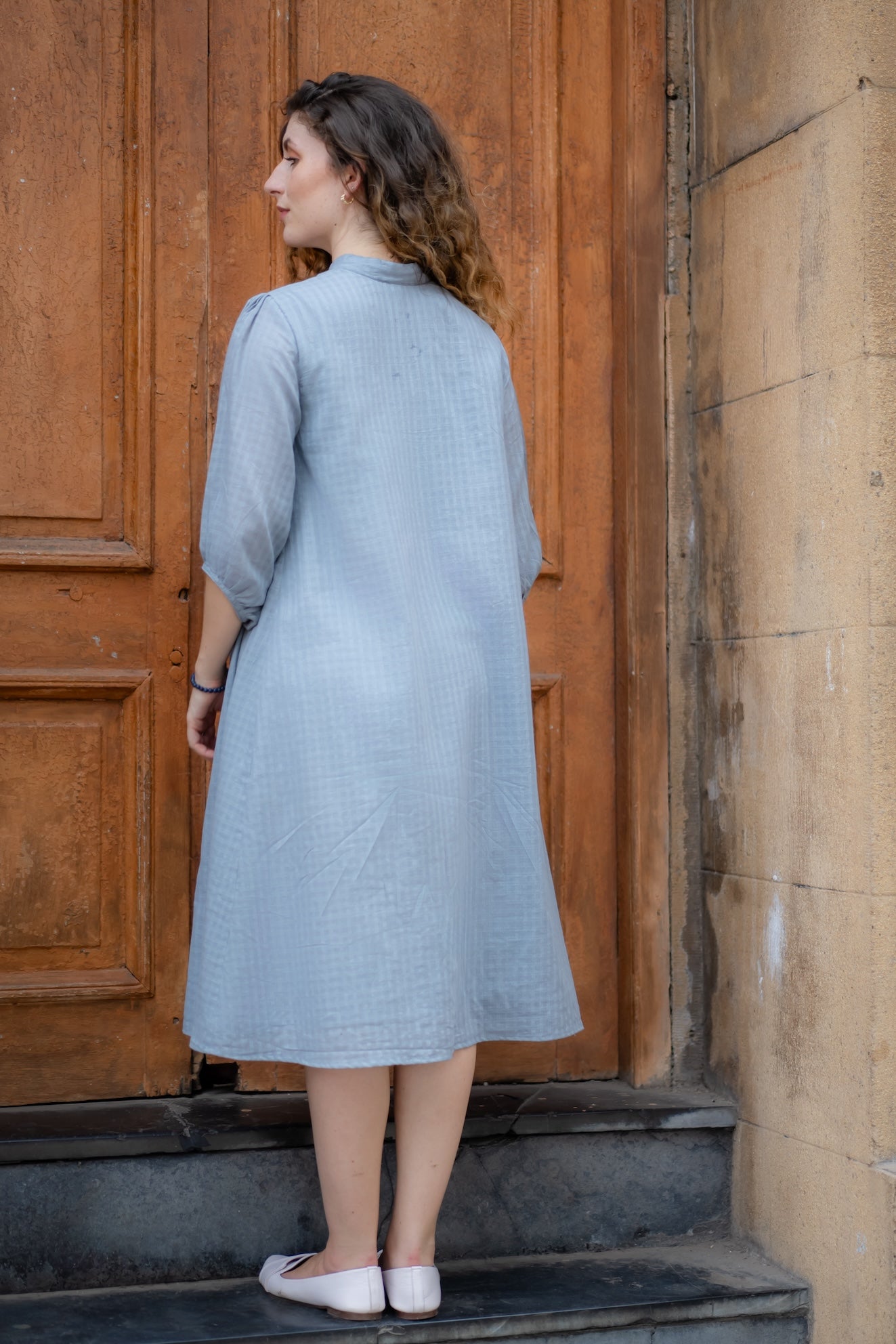 Grey Hand Embroidered A-line Dress by Krushnachuda with Chilika by Krushnachuda, Embroidered, Grey, Handloom Cotton, Loose Fit, Natural Dye, Organic, Outerwear, Womenswear at Kamakhyaa for sustainable fashion