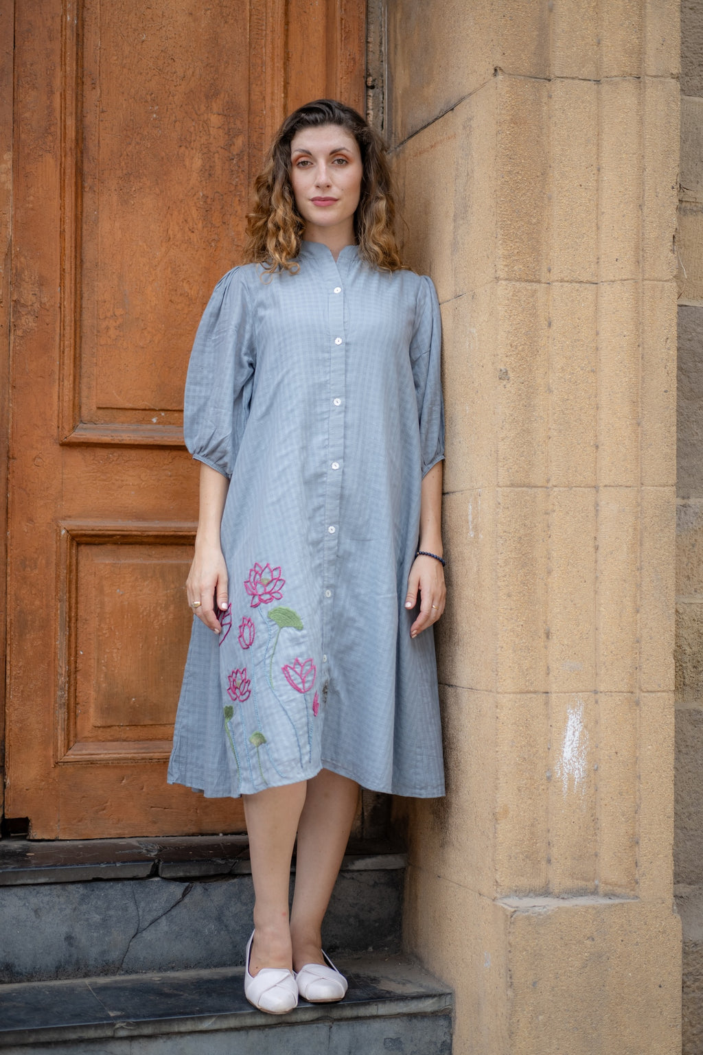 Grey Hand Embroidered A-line Dress by Krushnachuda with Chilika by Krushnachuda, Embroidered, Grey, Handloom Cotton, Loose Fit, Natural Dye, Organic, Outerwear, Womenswear at Kamakhyaa for sustainable fashion