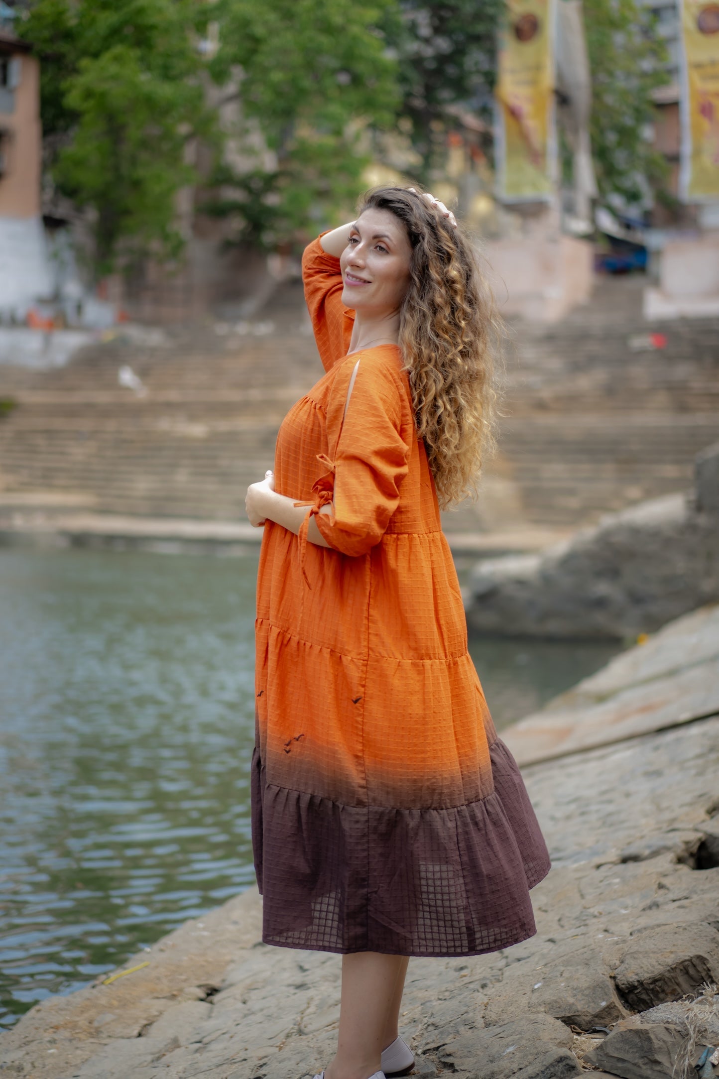 Orange Brown Ombre Dyed Dress by Krushnachuda with Chilika by Krushnachuda, Handloom Cotton, Loose Fit, Natural Dye, Ombre & Dyes, Orange, Organic, Outerwear, Womenswear at Kamakhyaa for sustainable fashion