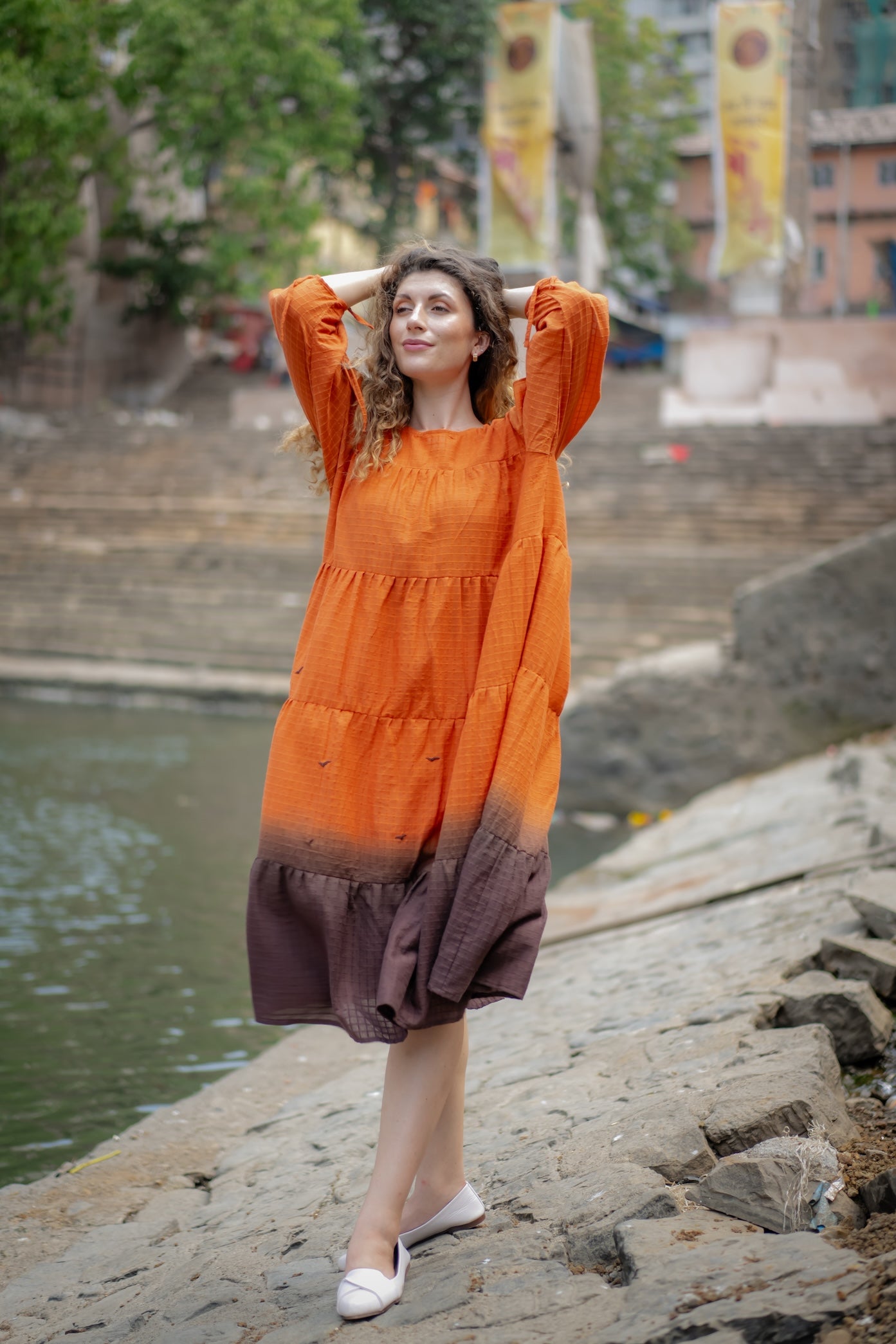 Orange Brown Ombre Dyed Dress by Krushnachuda with Chilika by Krushnachuda, Handloom Cotton, Loose Fit, Natural Dye, Ombre & Dyes, Orange, Organic, Outerwear, Womenswear at Kamakhyaa for sustainable fashion
