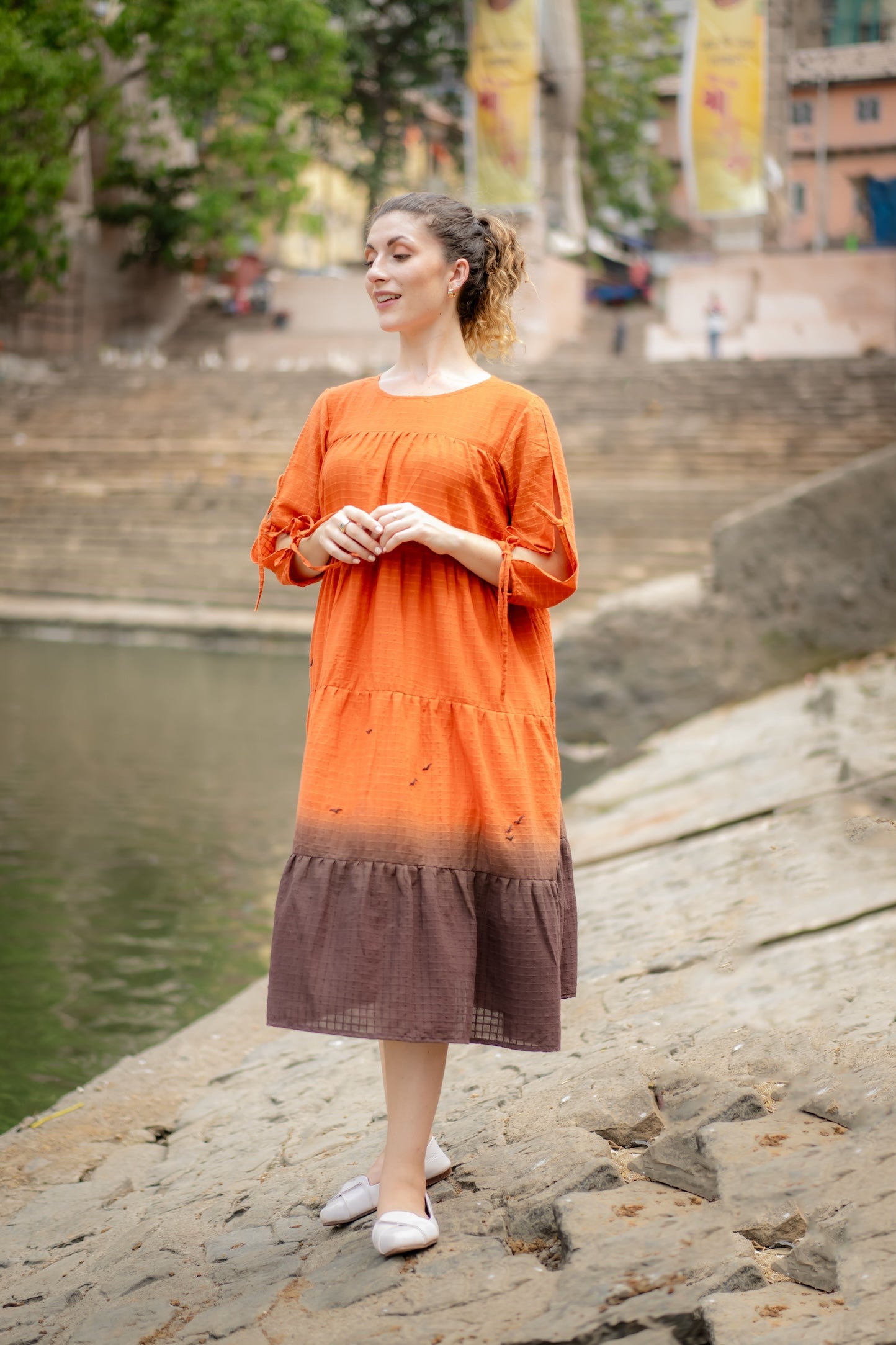 Orange Brown Ombre Dyed Dress by Krushnachuda with Chilika by Krushnachuda, Handloom Cotton, Loose Fit, Natural Dye, Ombre & Dyes, Orange, Organic, Outerwear, Womenswear at Kamakhyaa for sustainable fashion