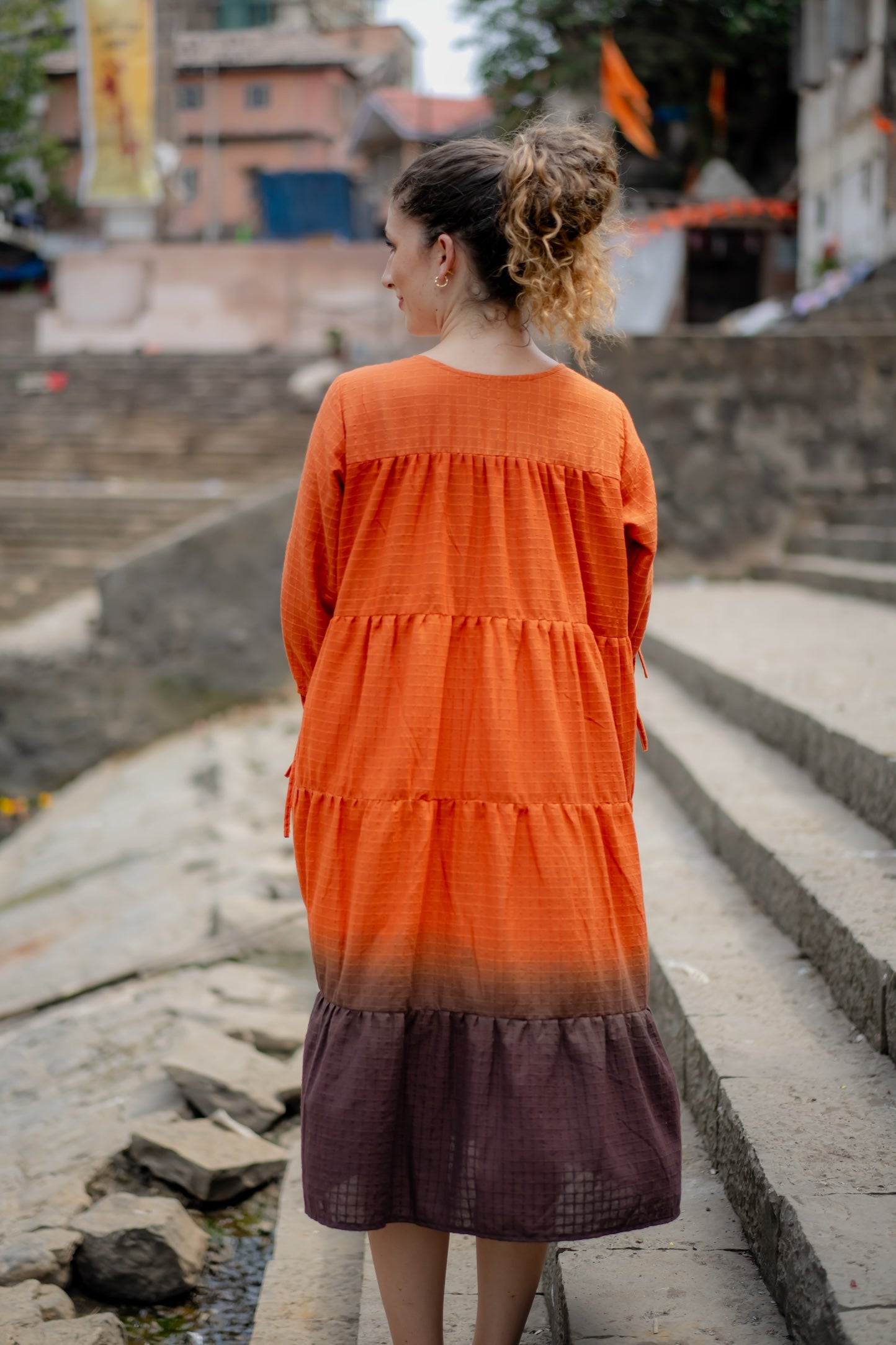 Orange Brown Ombre Dyed Dress by Krushnachuda with Chilika by Krushnachuda, Handloom Cotton, Loose Fit, Natural Dye, Ombre & Dyes, Orange, Organic, Outerwear, Womenswear at Kamakhyaa for sustainable fashion