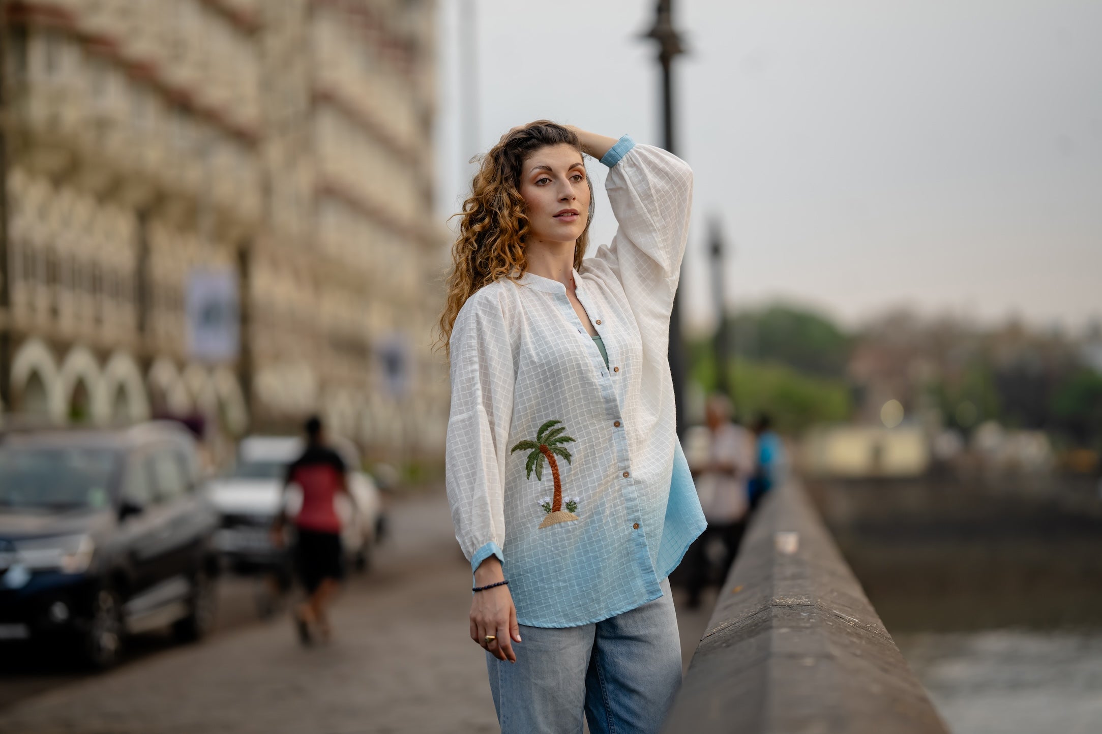White Blue Ombre Hand-Embroidered Shirt by Krushnachuda with Chilika by Krushnachuda, Embroidered, Handloom Cotton, Loose Fit, Natural Dye, Organic, Outerwear, White, Womenswear at Kamakhyaa for sustainable fashion