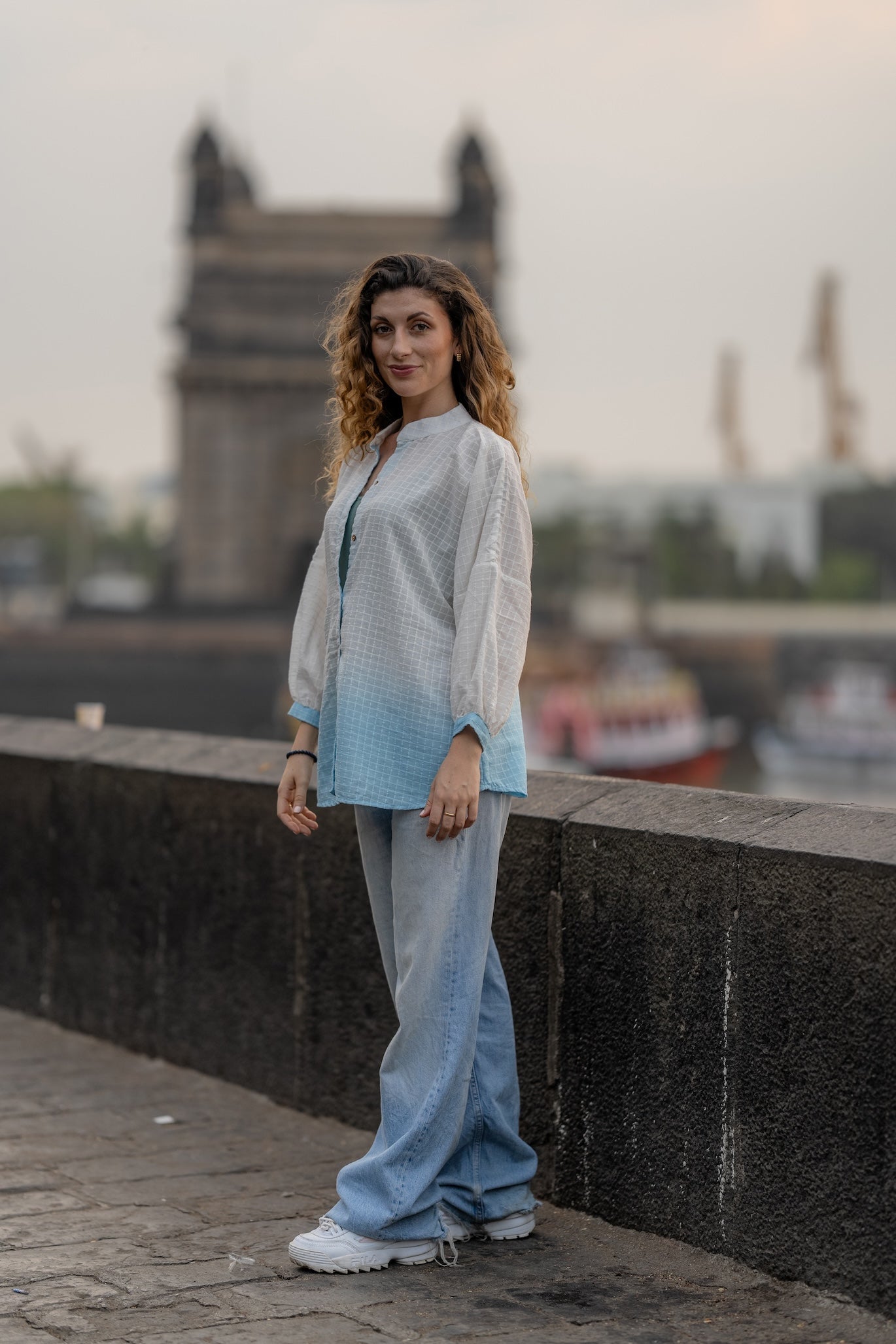 White Blue Ombre Hand-Embroidered Shirt by Krushnachuda with Chilika by Krushnachuda, Embroidered, Handloom Cotton, Loose Fit, Natural Dye, Organic, Outerwear, White, Womenswear at Kamakhyaa for sustainable fashion