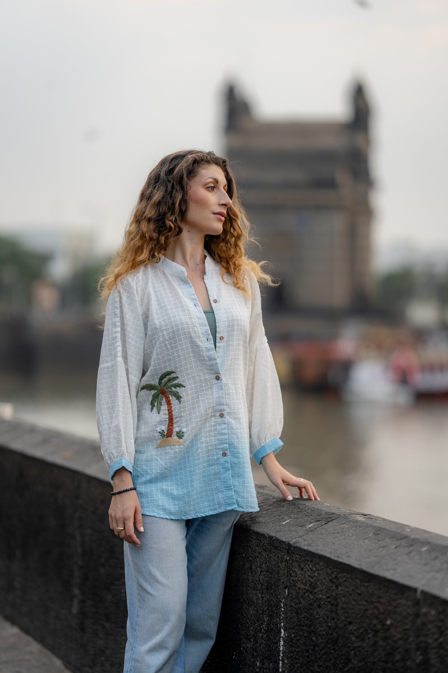 White Blue Ombre Hand-Embroidered Shirt by Krushnachuda with Chilika by Krushnachuda, Embroidered, Handloom Cotton, Loose Fit, Natural Dye, Organic, Outerwear, White, Womenswear at Kamakhyaa for sustainable fashion