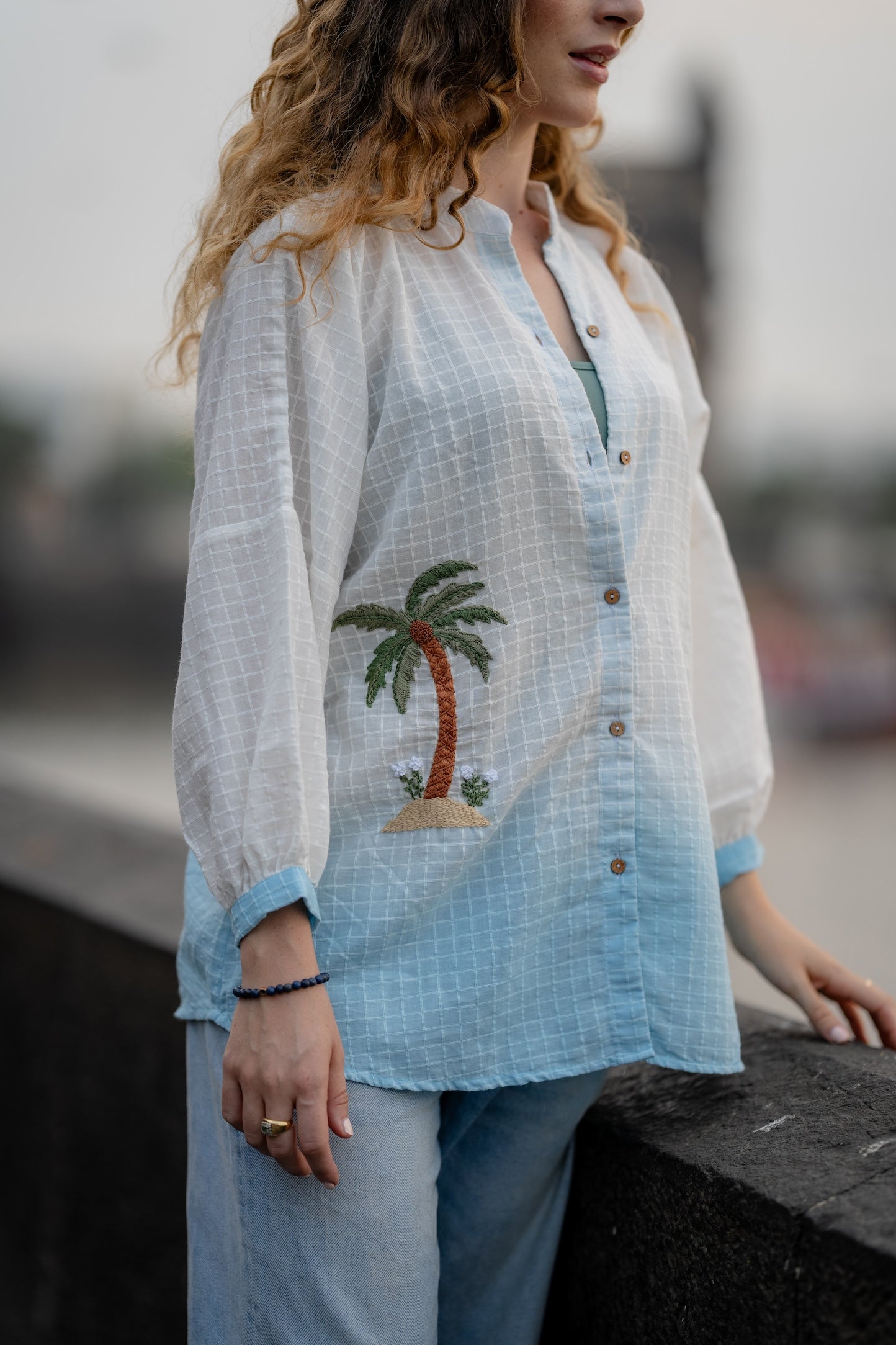 White Blue Ombre Hand-Embroidered Shirt by Krushnachuda with Chilika by Krushnachuda, Embroidered, Handloom Cotton, Loose Fit, Natural Dye, Organic, Outerwear, White, Womenswear at Kamakhyaa for sustainable fashion