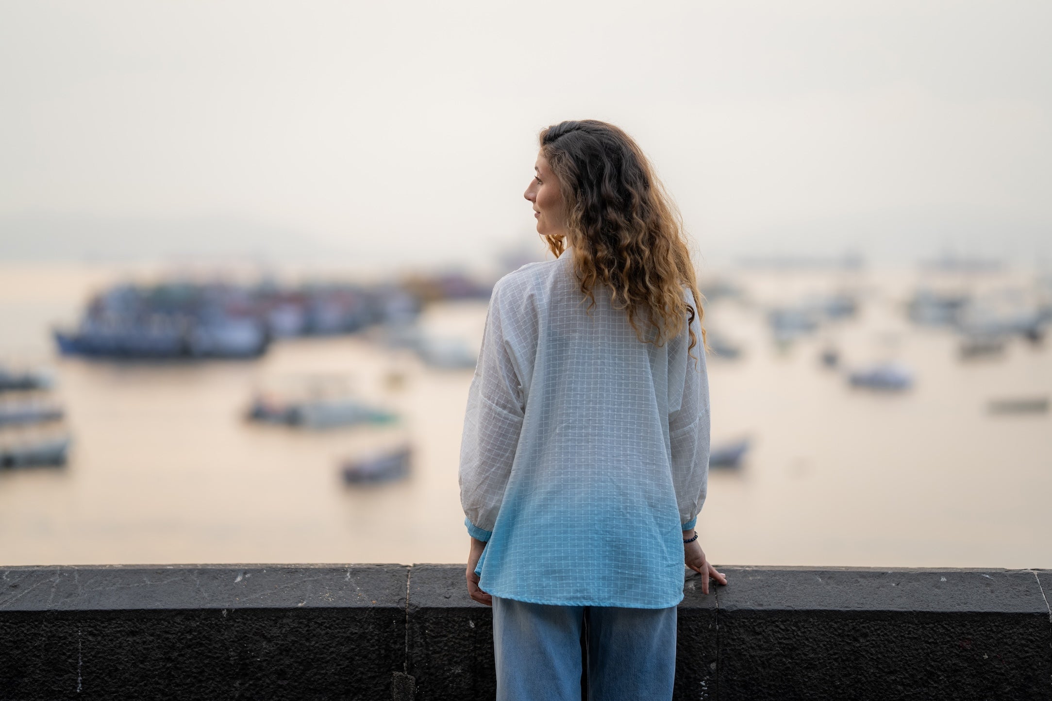 White Blue Ombre Hand-Embroidered Shirt by Krushnachuda with Chilika by Krushnachuda, Embroidered, Handloom Cotton, Loose Fit, Natural Dye, Organic, Outerwear, White, Womenswear at Kamakhyaa for sustainable fashion