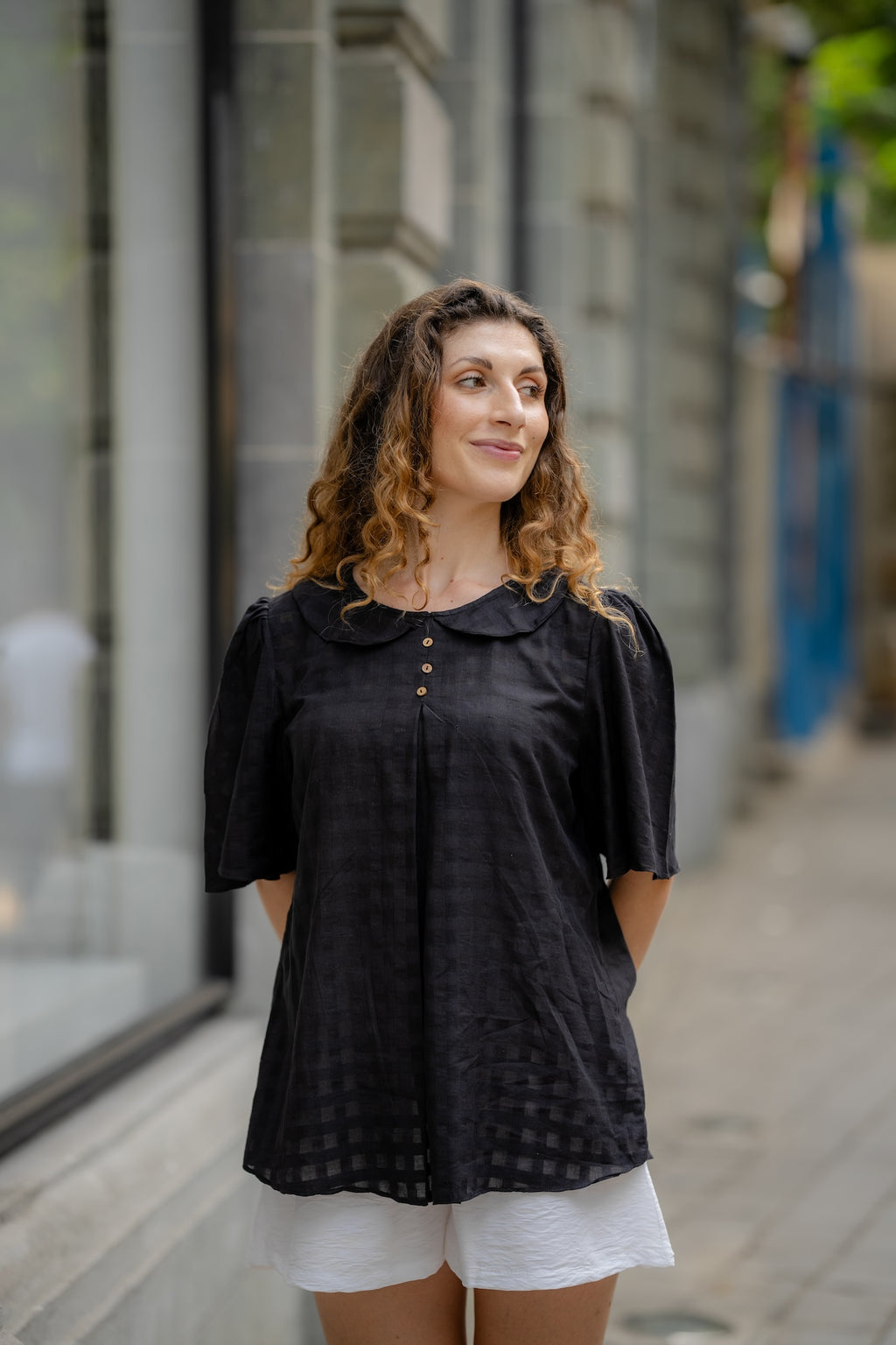 Black Handwoven Shirt by Krushnachuda with Black, Chilika by Krushnachuda, Handloom Cotton, Loose Fit, Natural Dye, Organic, Outerwear, Self Design, Womenswear at Kamakhyaa for sustainable fashion