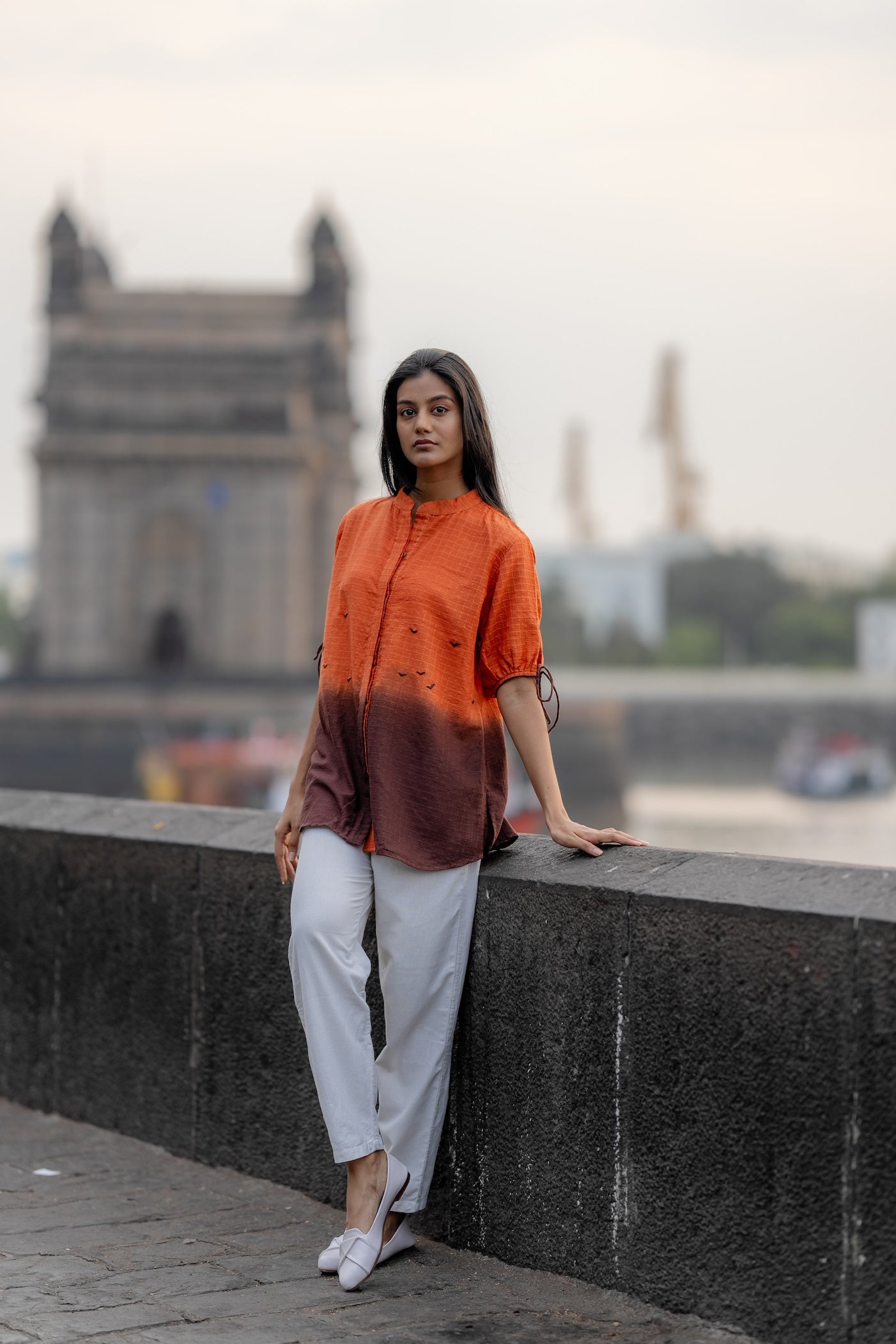 Orange Ombre Dyed Handwoven Shirt by Krushnachuda with Chilika by Krushnachuda, Handloom Cotton, Loose Fit, Natural Dye, Ombre & Dyes, Orange, Organic, Outerwear, Womenswear at Kamakhyaa for sustainable fashion