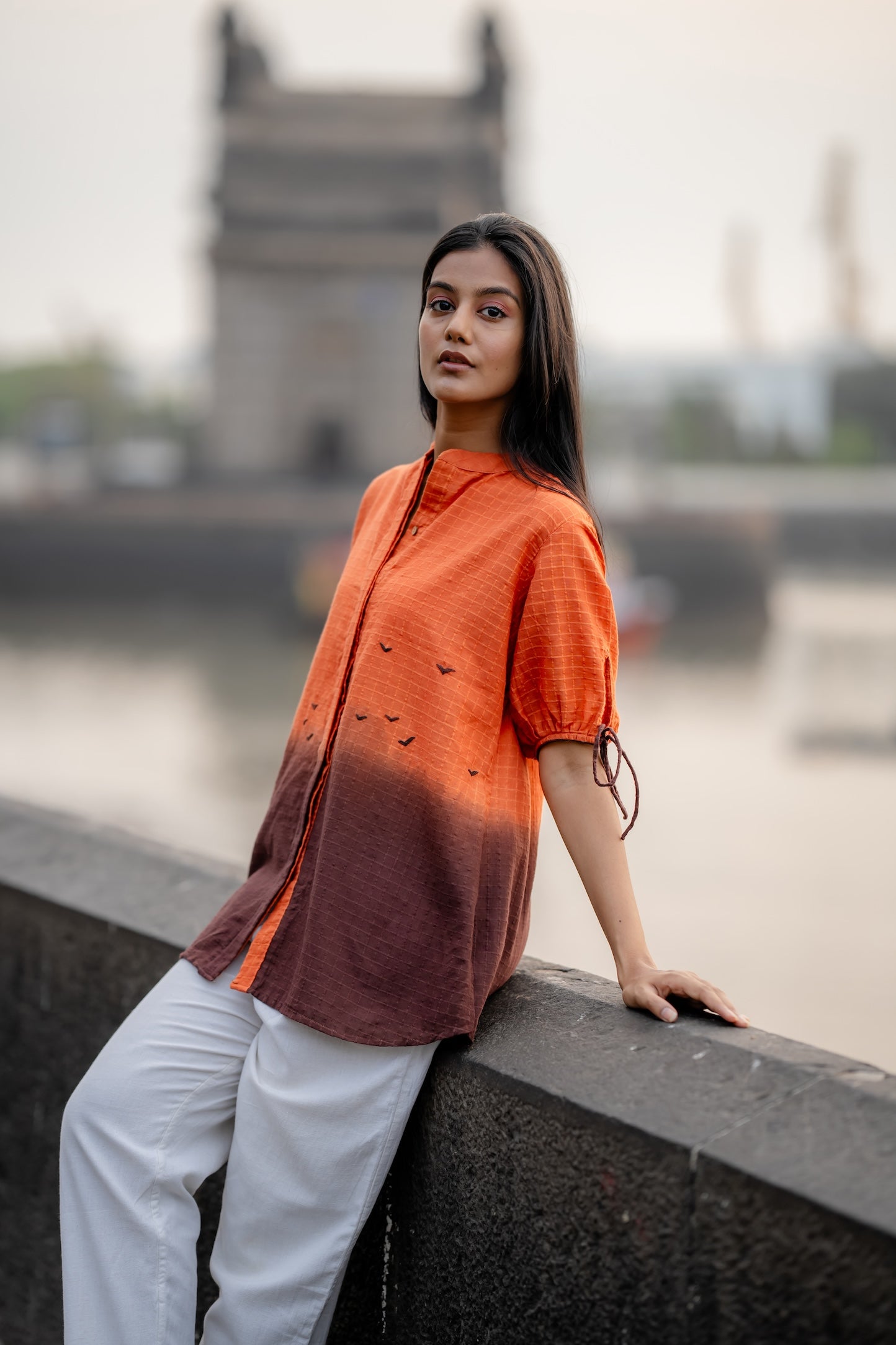Orange Ombre Dyed Handwoven Shirt by Krushnachuda with Chilika by Krushnachuda, Handloom Cotton, Loose Fit, Natural Dye, Ombre & Dyes, Orange, Organic, Outerwear, Womenswear at Kamakhyaa for sustainable fashion