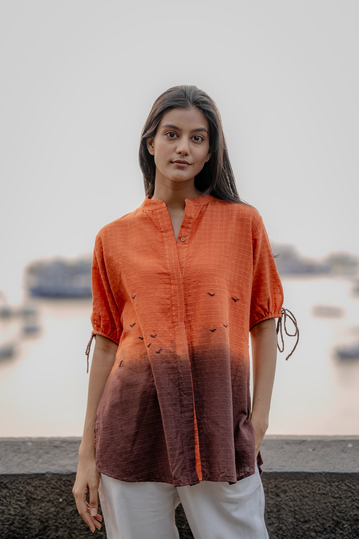 Orange Ombre Dyed Handwoven Shirt by Krushnachuda with Chilika by Krushnachuda, Handloom Cotton, Loose Fit, Natural Dye, Ombre & Dyes, Orange, Organic, Outerwear, Womenswear at Kamakhyaa for sustainable fashion