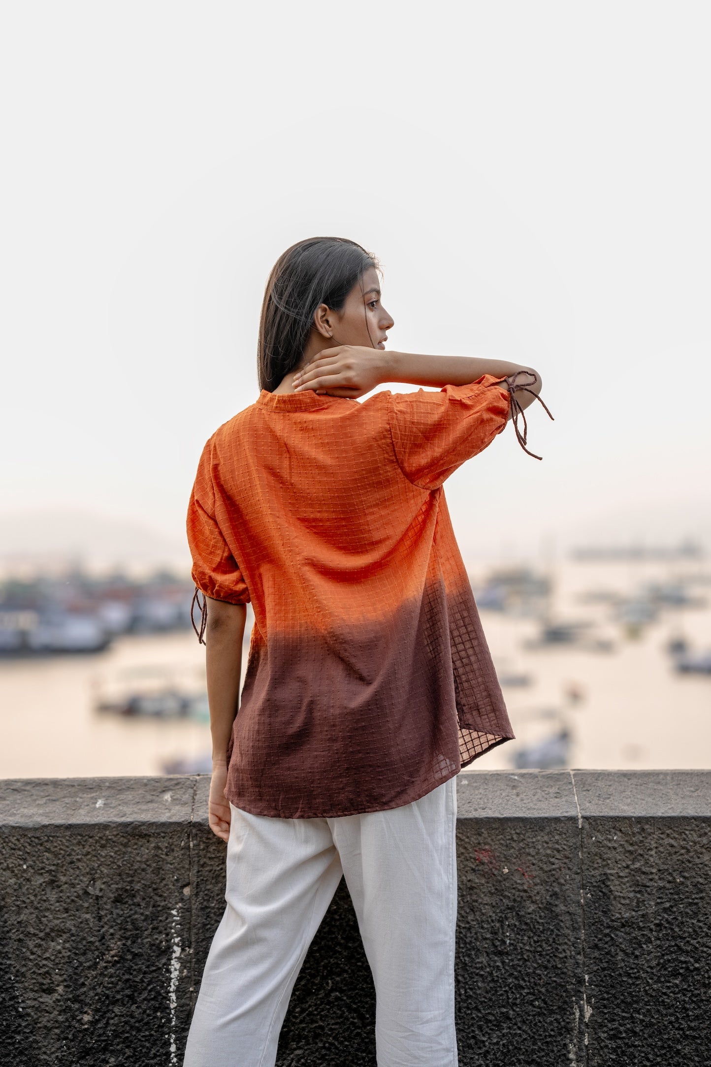 Orange Ombre Dyed Handwoven Shirt by Krushnachuda with Chilika by Krushnachuda, Handloom Cotton, Loose Fit, Natural Dye, Ombre & Dyes, Orange, Organic, Outerwear, Womenswear at Kamakhyaa for sustainable fashion