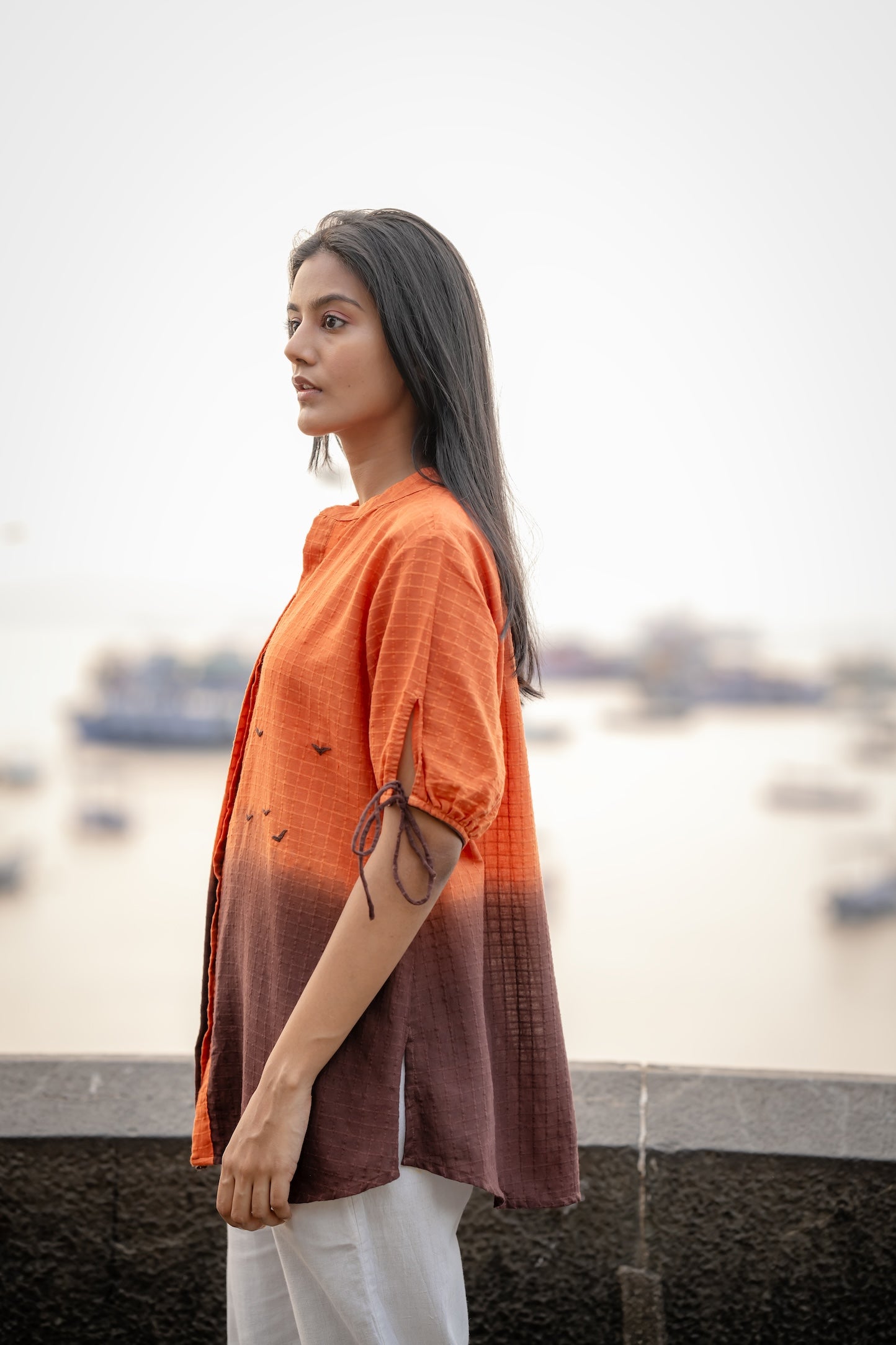 Orange Ombre Dyed Handwoven Shirt by Krushnachuda with Chilika by Krushnachuda, Handloom Cotton, Loose Fit, Natural Dye, Ombre & Dyes, Orange, Organic, Outerwear, Womenswear at Kamakhyaa for sustainable fashion